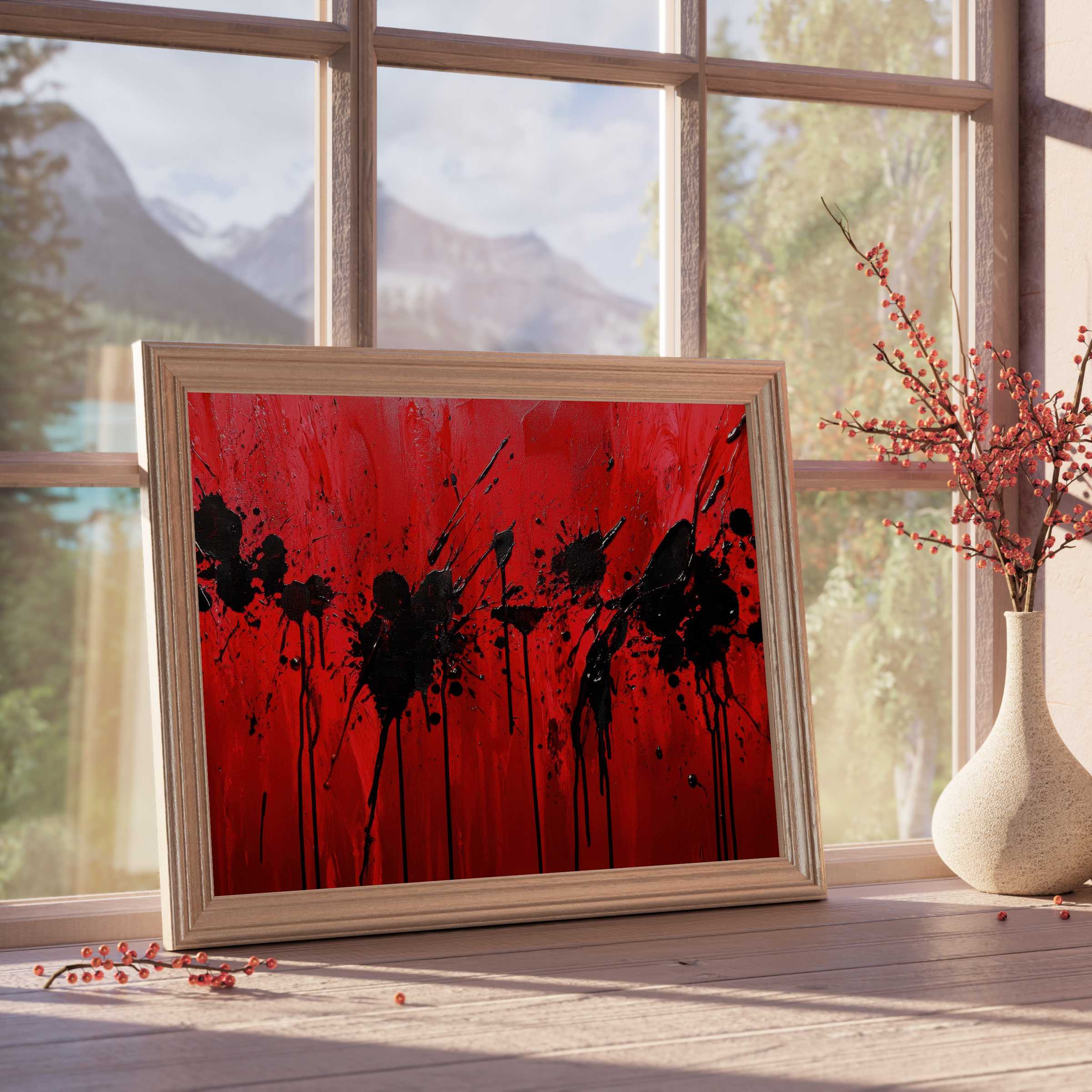 Dramatic modern downloadable art with bold black splatters on vibrant red, perfect for elevating curated, design-forward interiors