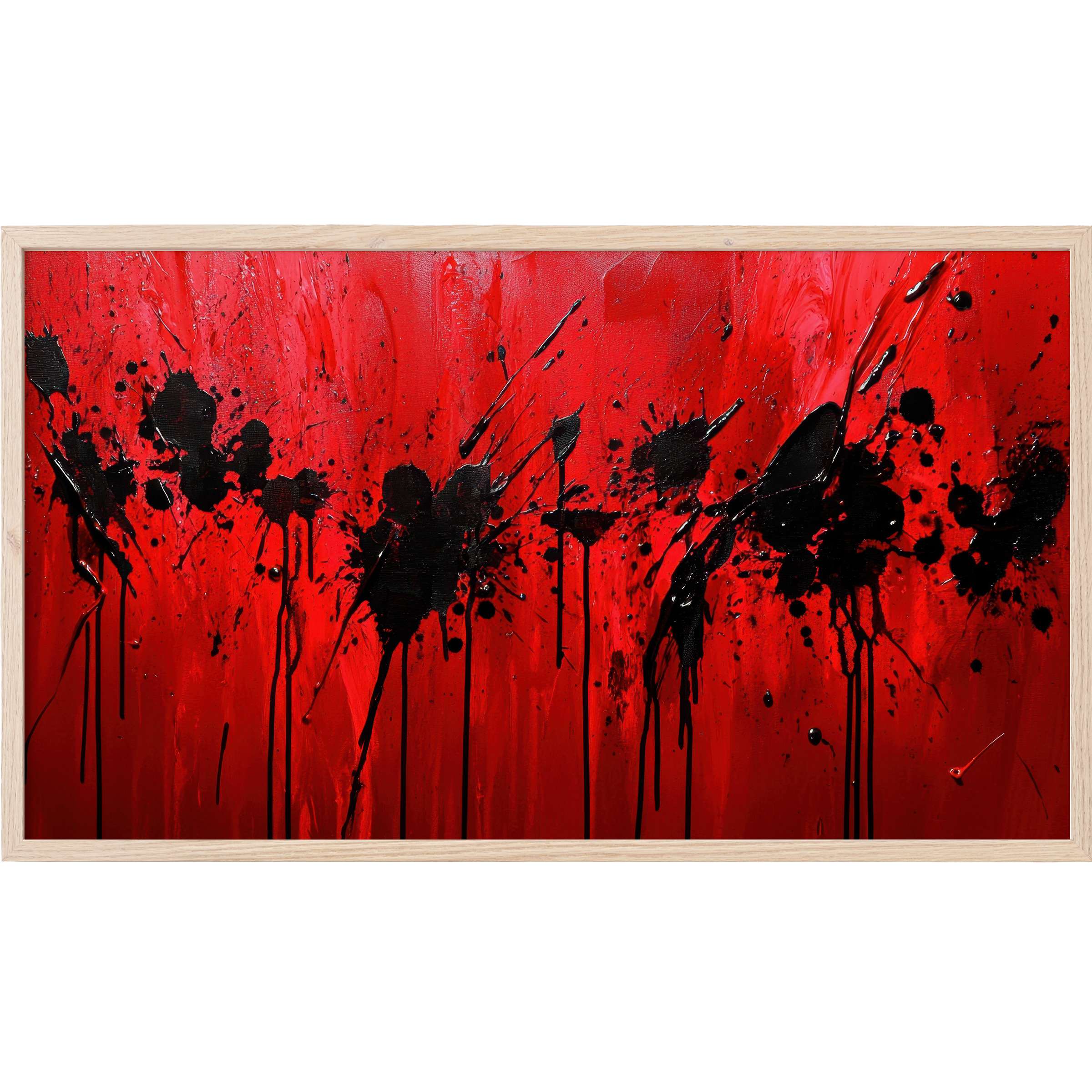 Modern Frame TV Art with bold red backdrop and dynamic black splatters in expressive abstract style for striking decor