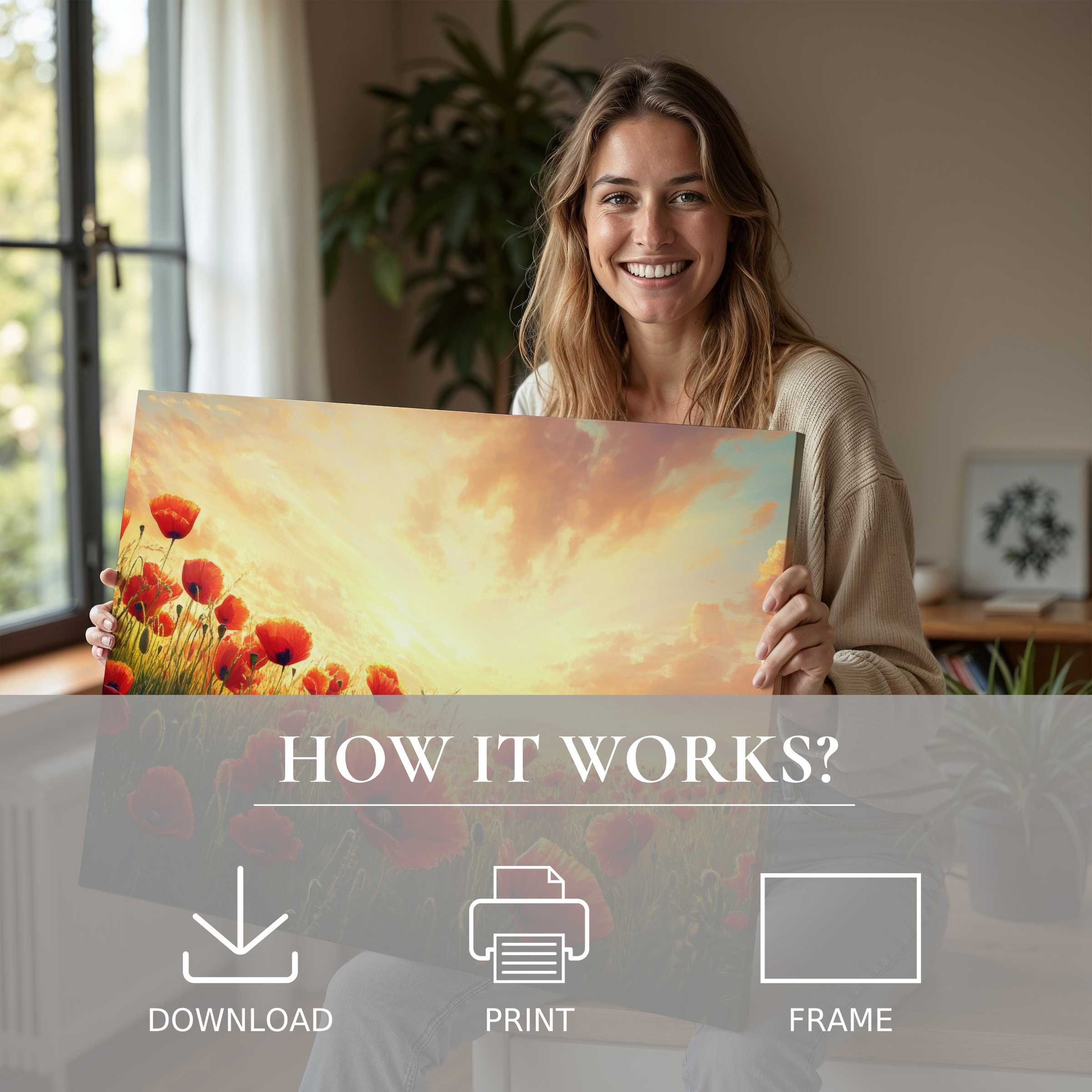 Radiant floral digital art print embraced in a modern home, evoking joy and serene connection with effortless elegance
