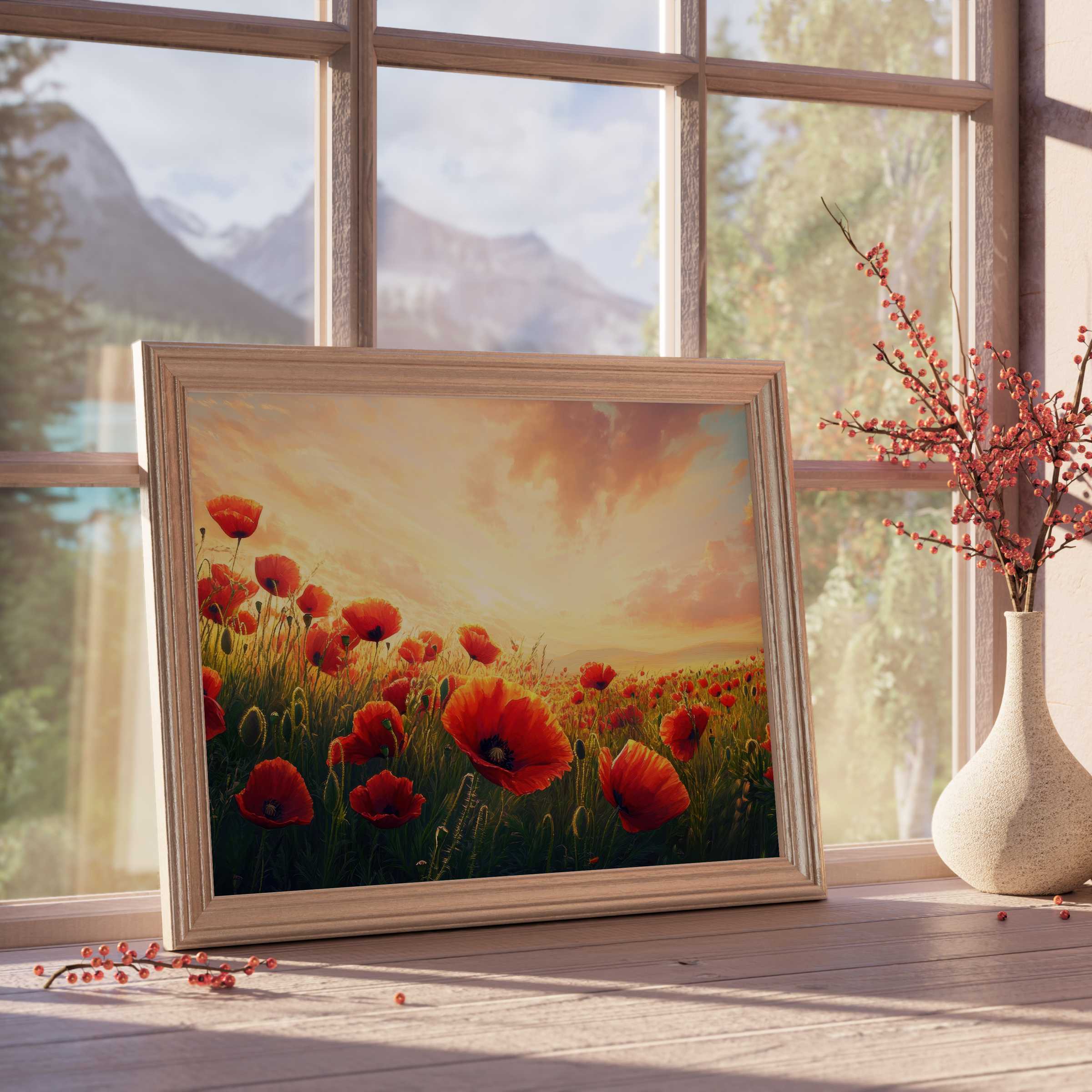 Radiant floral downloadable art showcasing vibrant poppies at sunset, elevating serene, design-forward interiors with natural warmth