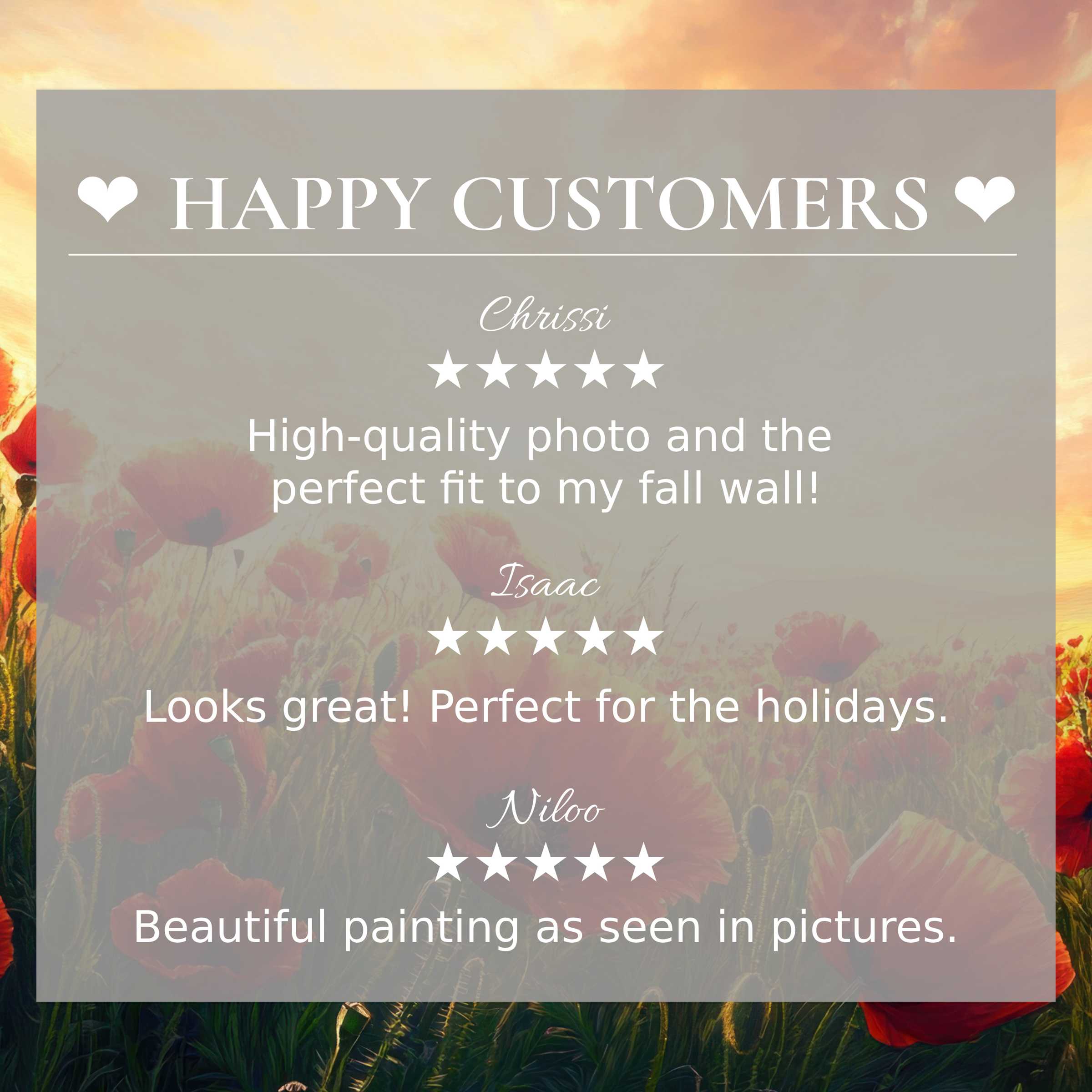 Floral art for Frame TV with abstract sunset hues, showcasing happy customer reviews and elegant, trust-building design