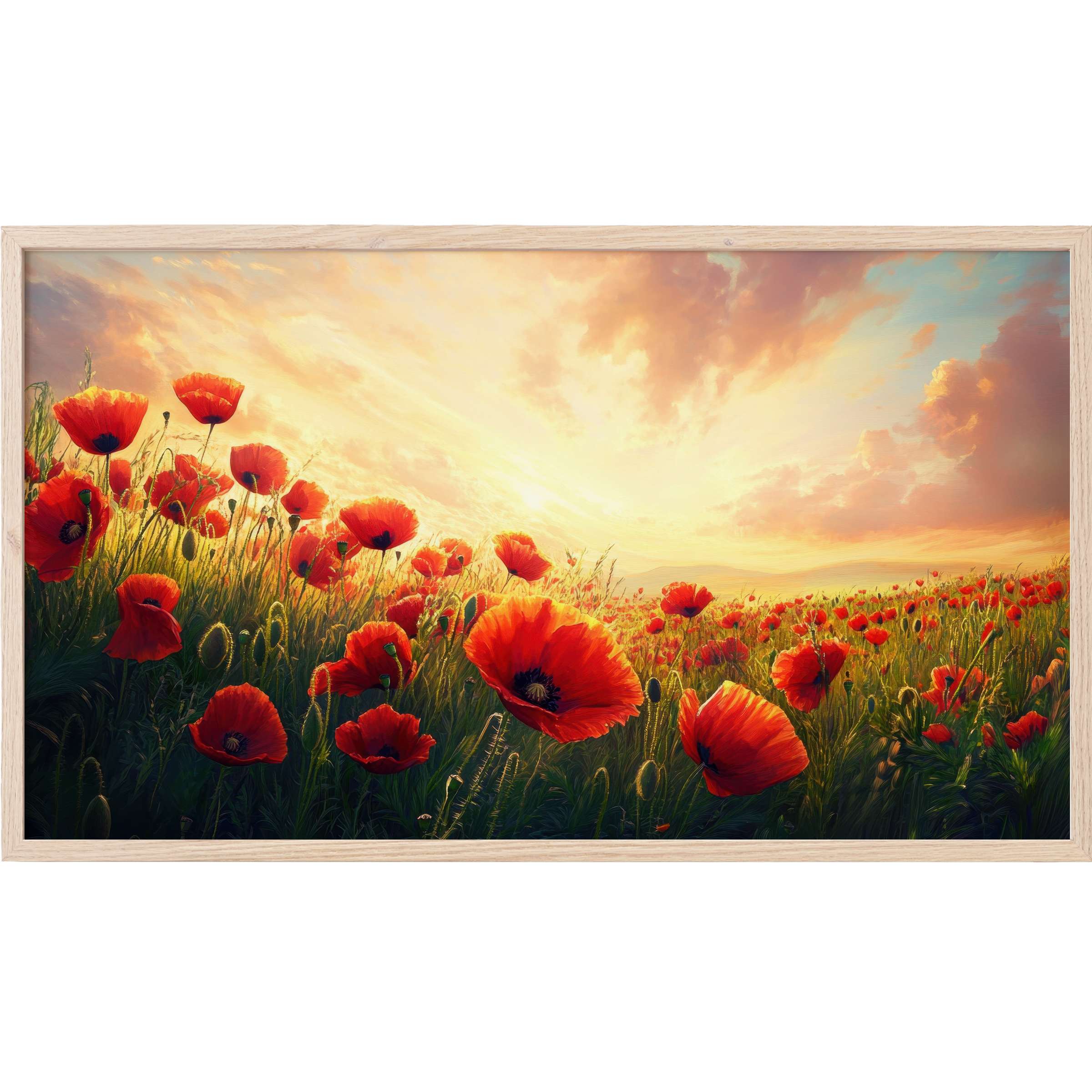 Floral Frame TV Art featuring vibrant red poppies bathed in golden sunset light, evoking serene natural elegance