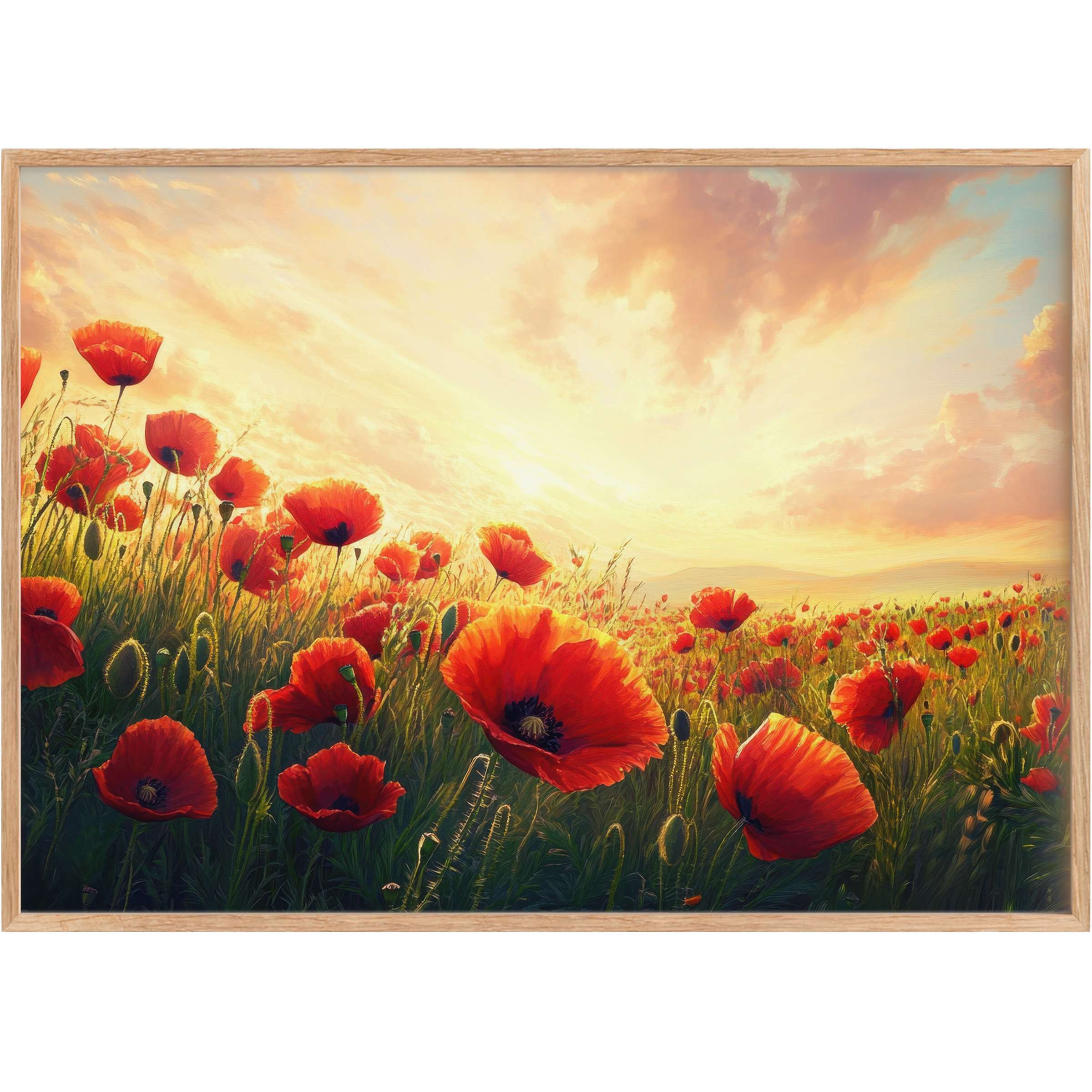 Radiant floral printable wall art showcasing vibrant red poppies bathed in golden sunlight, evoking warmth and serene elegance