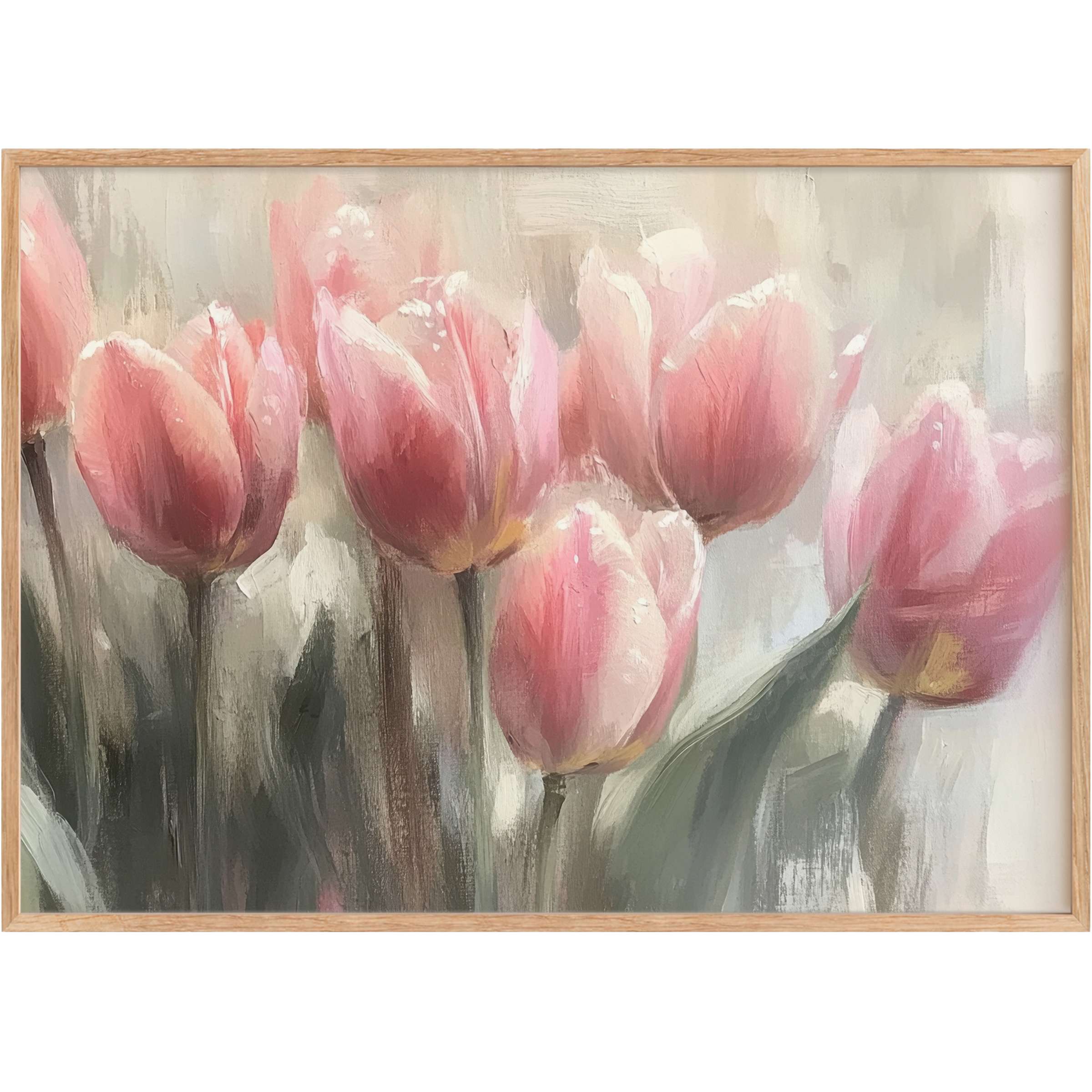 Elegant spring printable wall art featuring soft pink tulips against muted tones, creating a serene and radiant ambiance