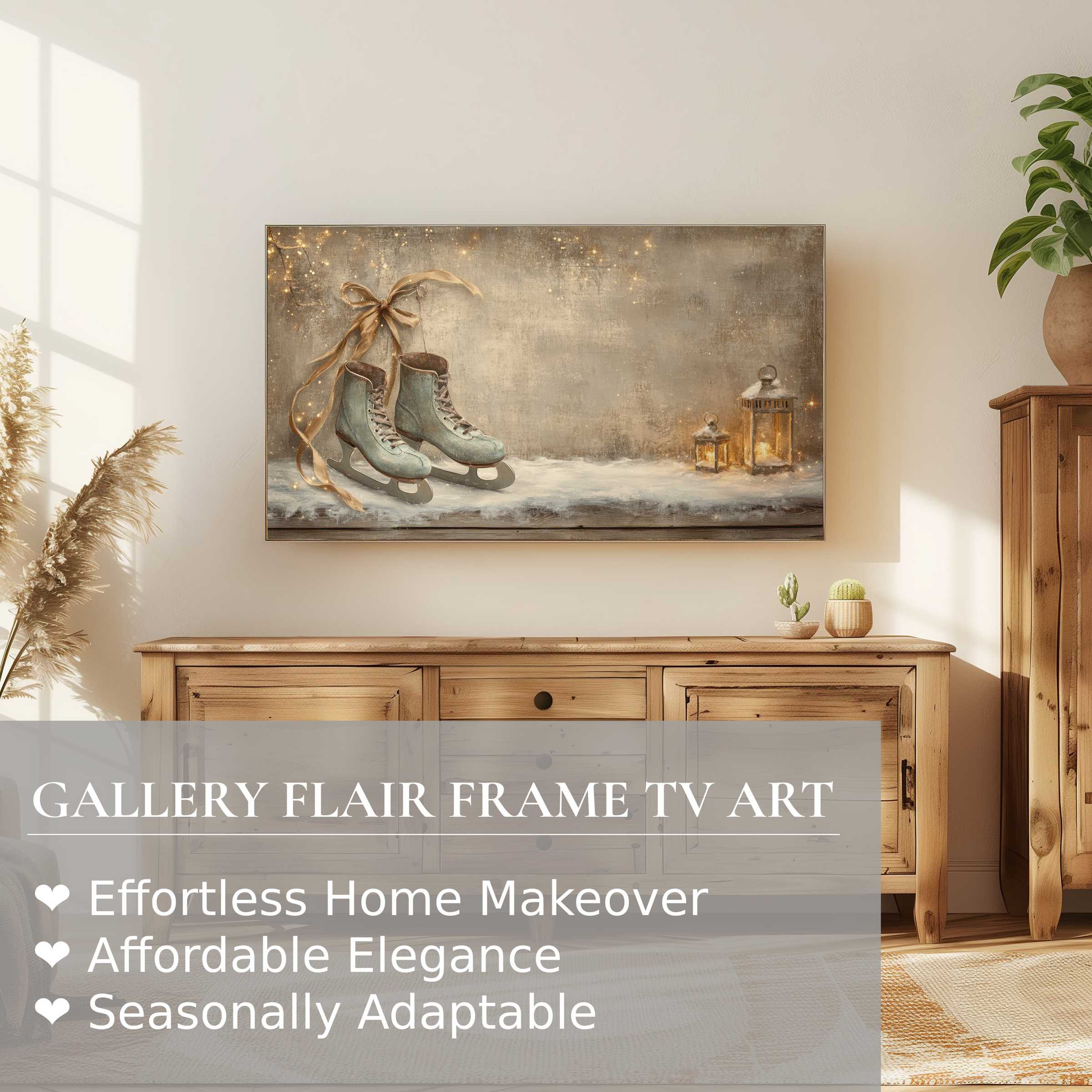 Samsung Frame TV displays a vintage ice skate scene in elegant Christmas digital artwork for refined home decor