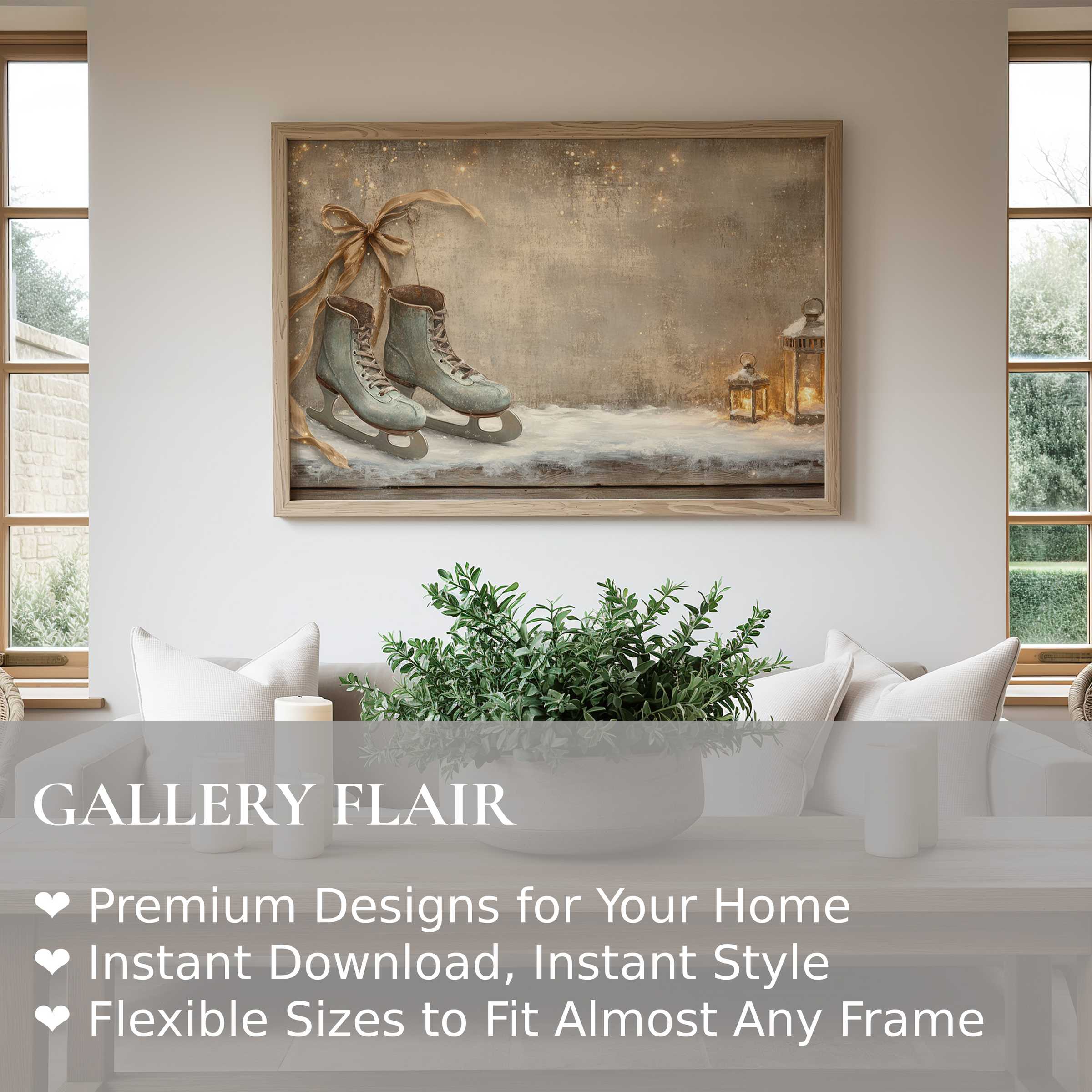 Christmas wall art print featuring vintage ice skates and glowing lanterns, evoking warm, rustic charm in a modern farmhouse living room