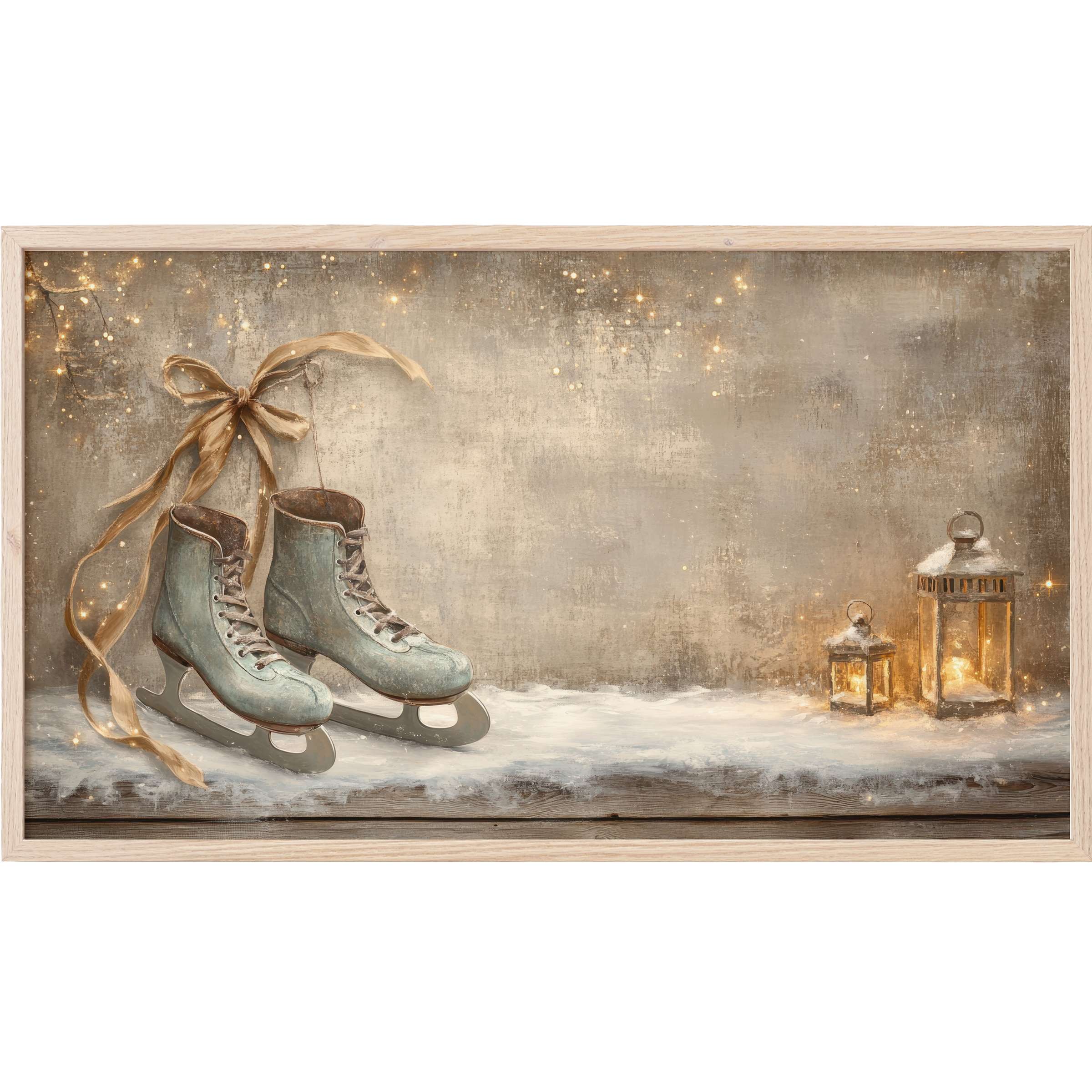 Vintage ice skates tied with ribbon and glowing lanterns on snowy wood, muted tones, christmas Frame TV Art