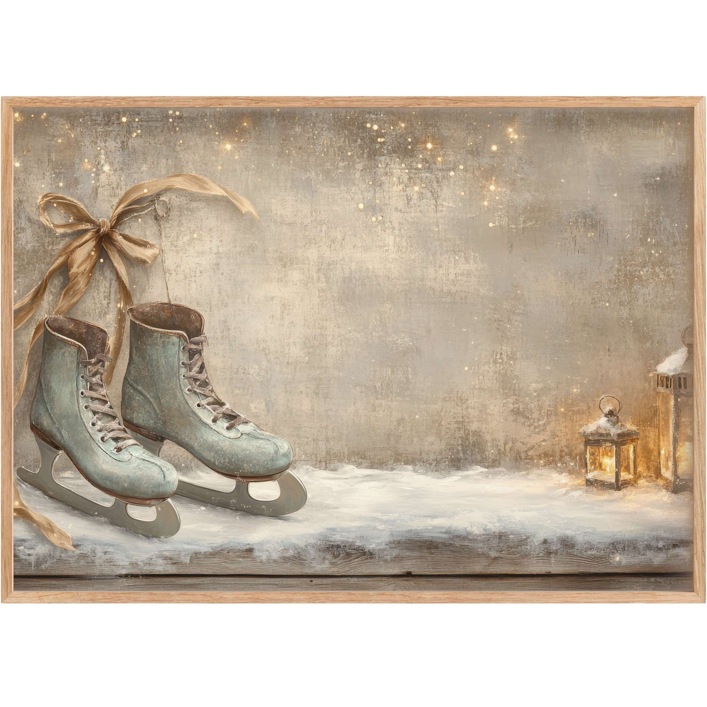 Vintage blue ice skates tied with a soft bow evoke a serene winter glow with warm lantern light-Christmas printable wall art