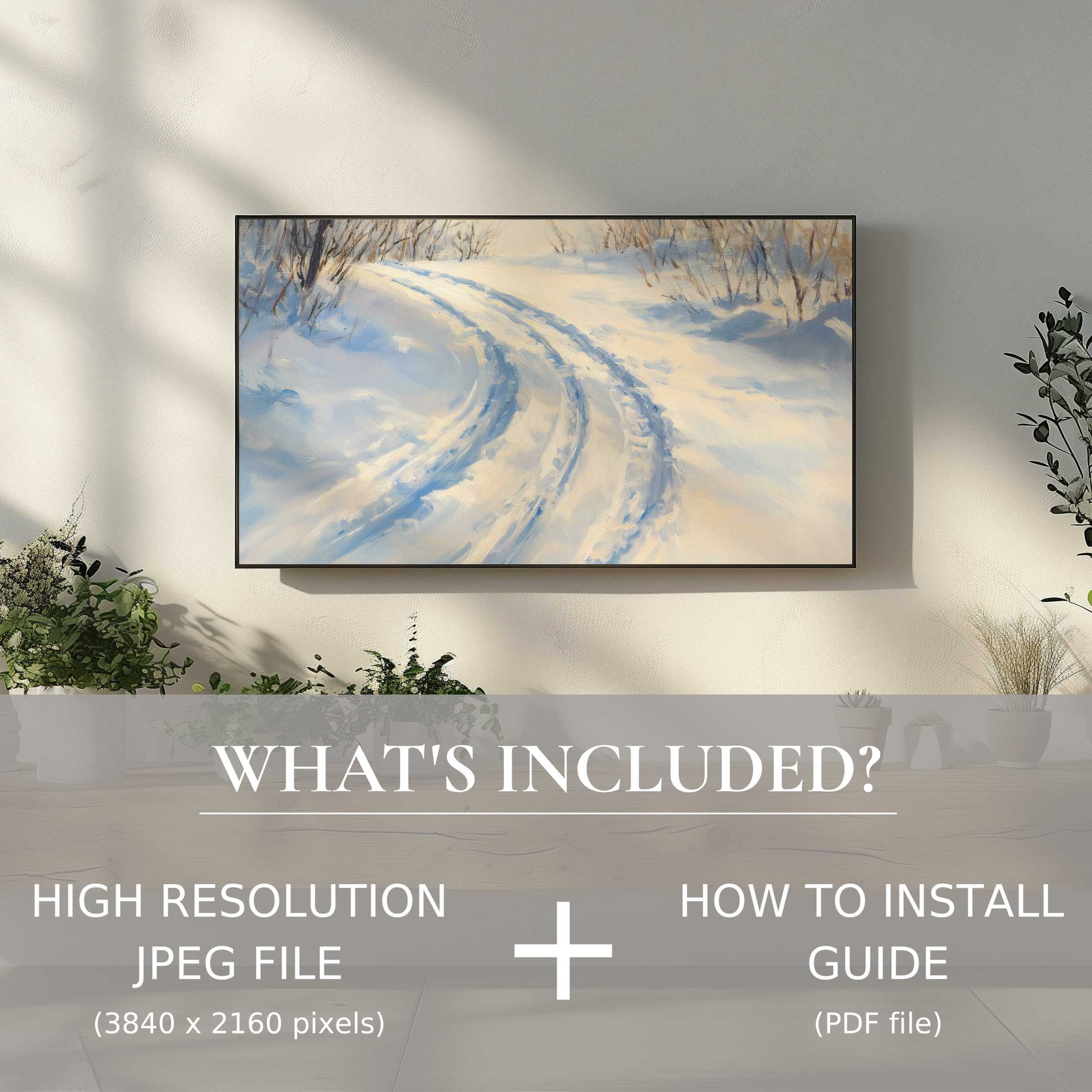 Elegant winter digital TV art download showcasing serene snow tracks; effortless digital use enhances your stylish living space