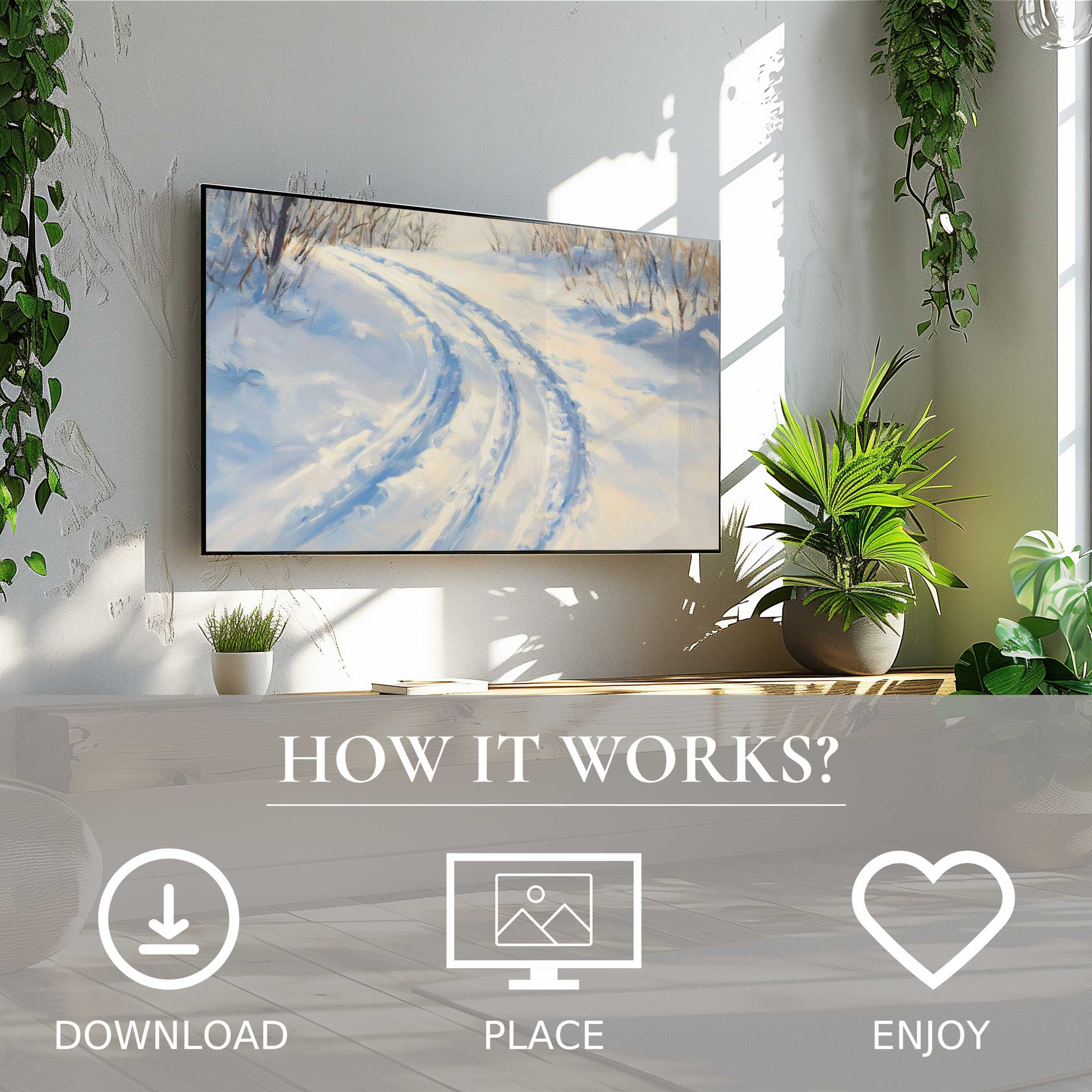Winter art for Samsung TV showing soft blue snow tracks, easy digital download enriching bright green living spaces