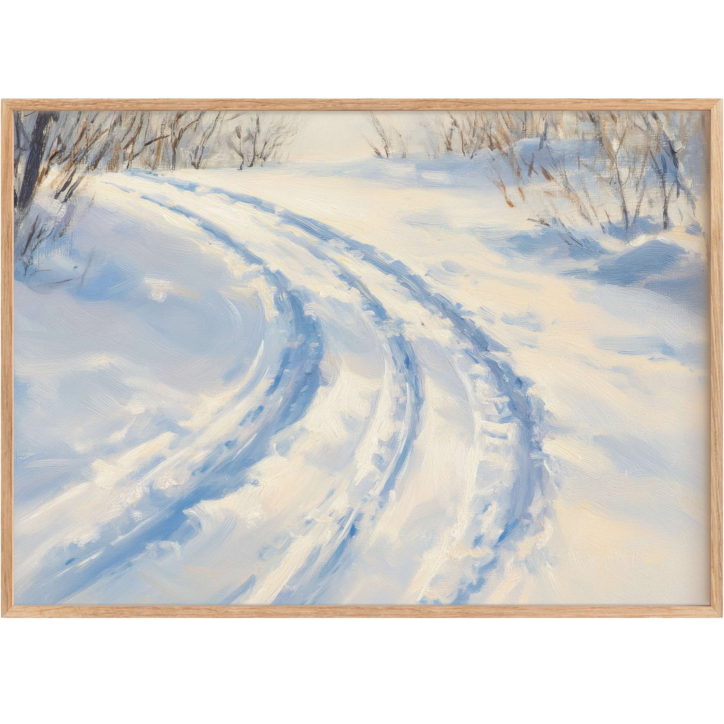 Serene winter printable wall art capturing soft snow curves in icy blues and warm light, evoking peaceful, elegant calm