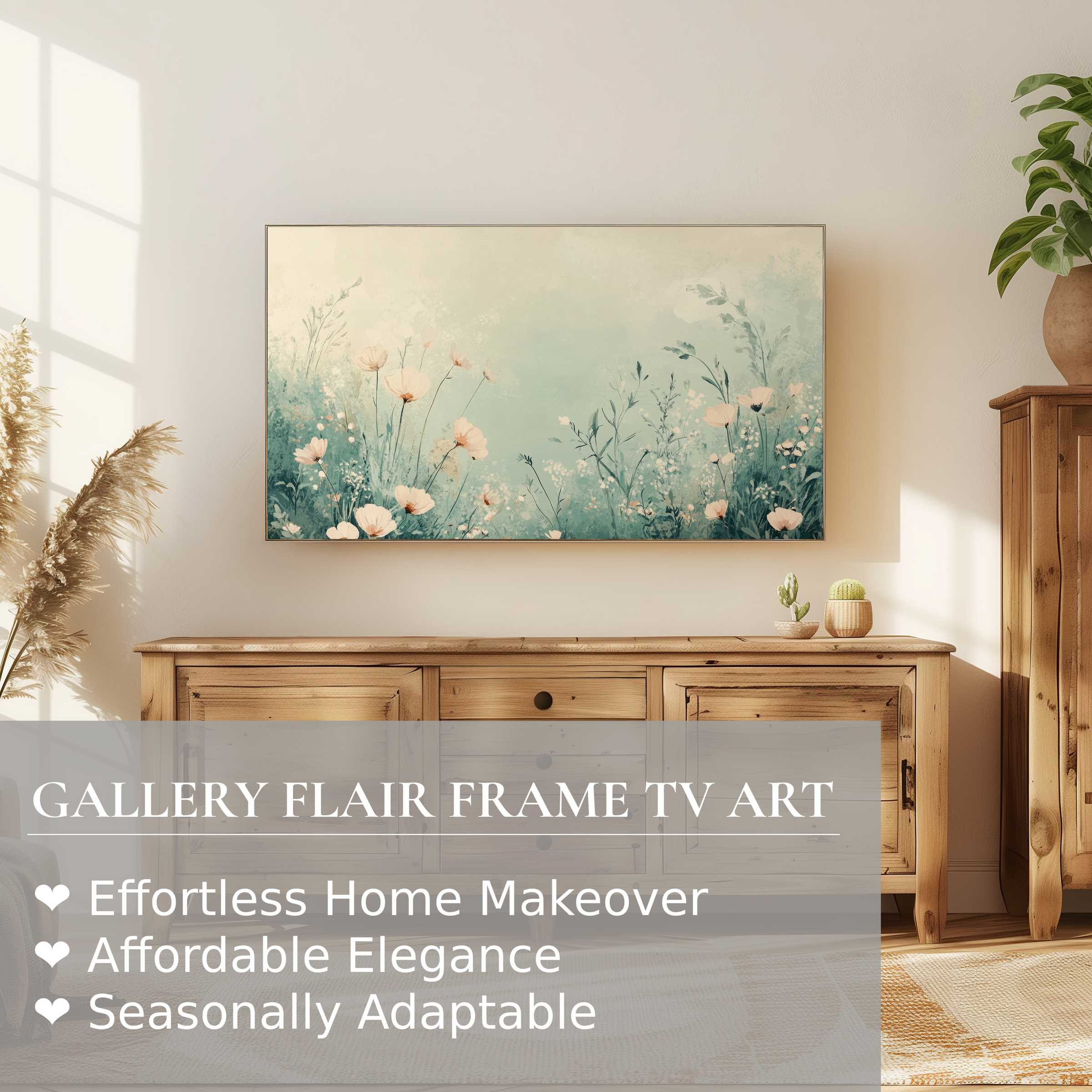 Samsung Frame TV showcases boho digital artwork with soft florals in a serene, elegant living room setting
