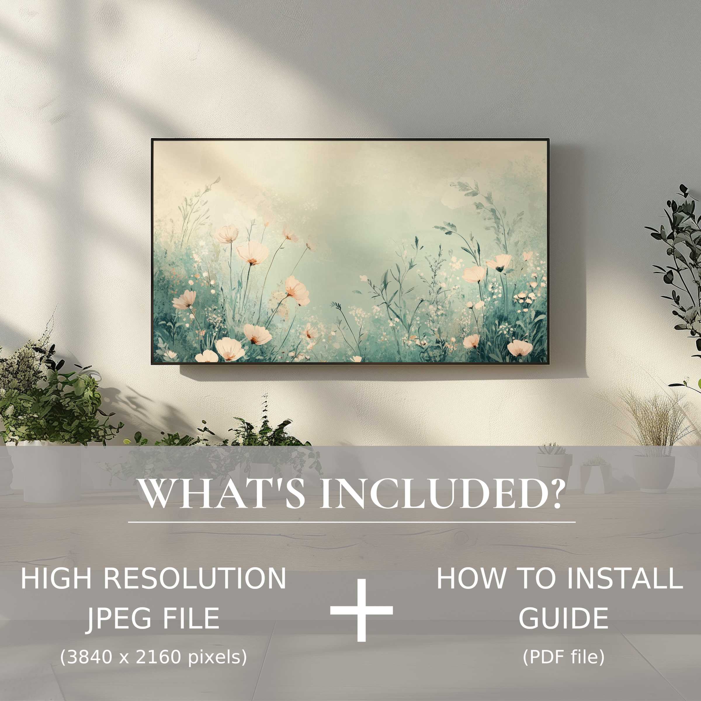 Elegant boho digital TV art download, easy to install, enhancing living spaces with serene floral charm