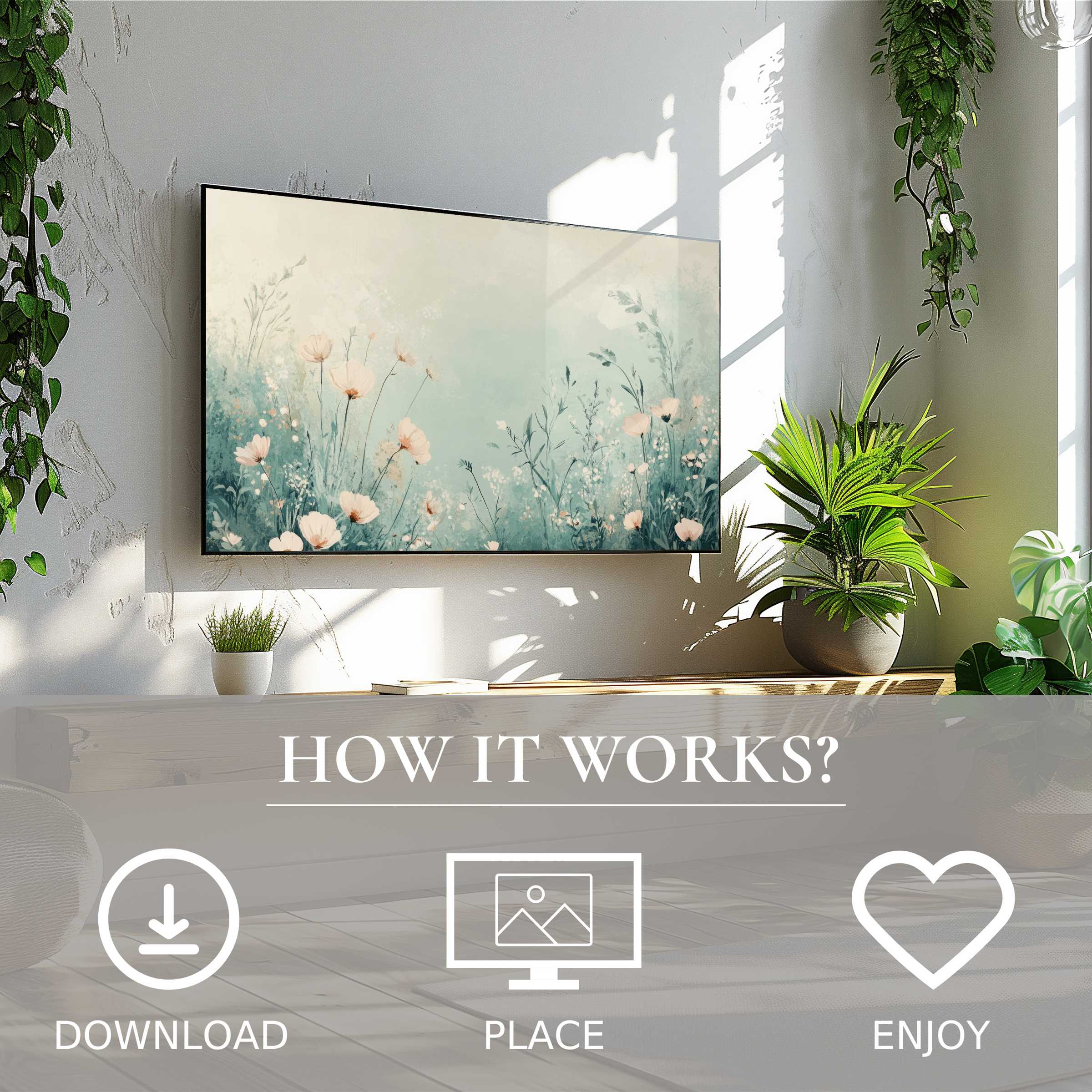 Boho art for Samsung TV with soft pastel floral motif, easy digital download enhances bright, plant-filled living spaces