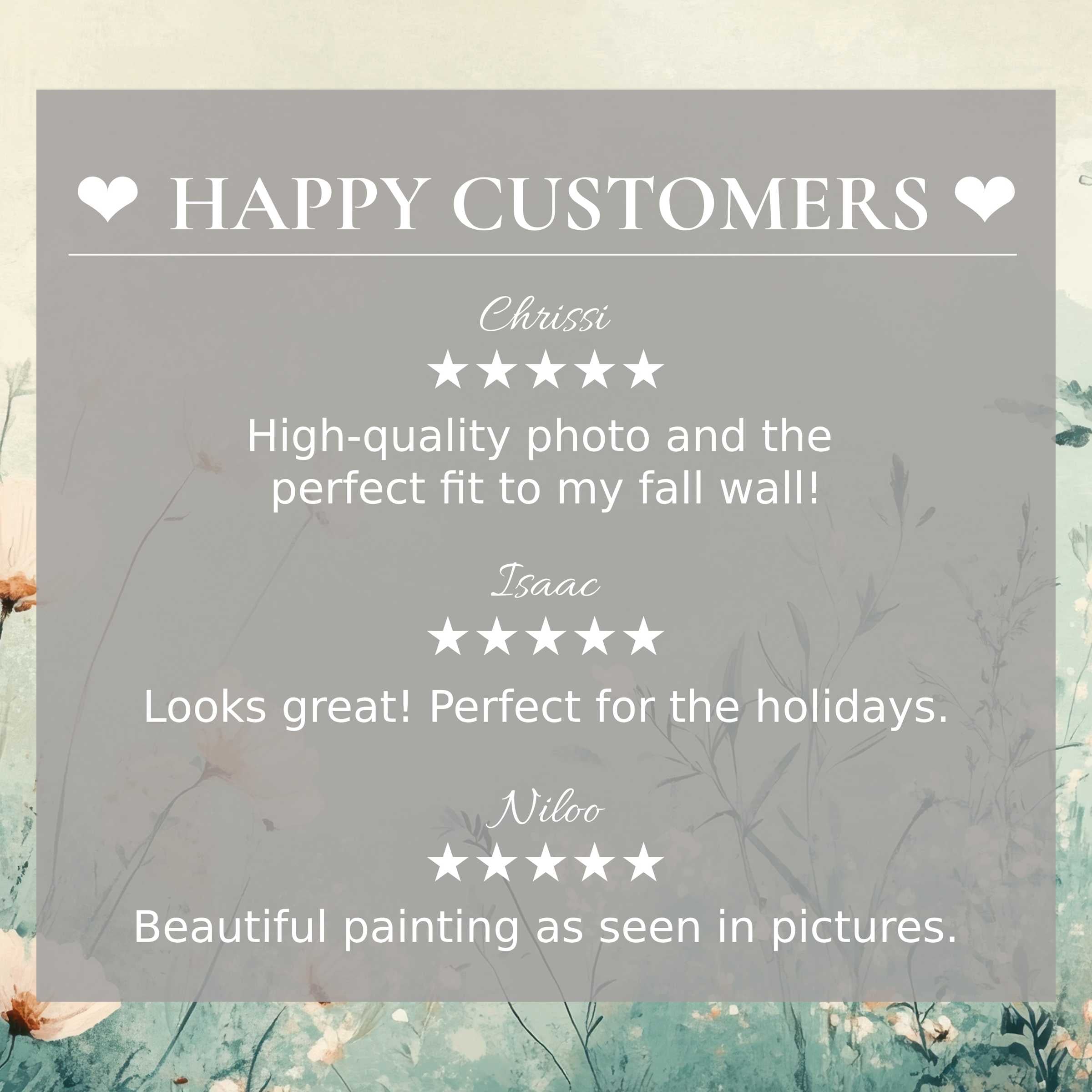 Boho art for Frame TV with soft floral hues, showcasing happy customer reviews to inspire trust and elegance