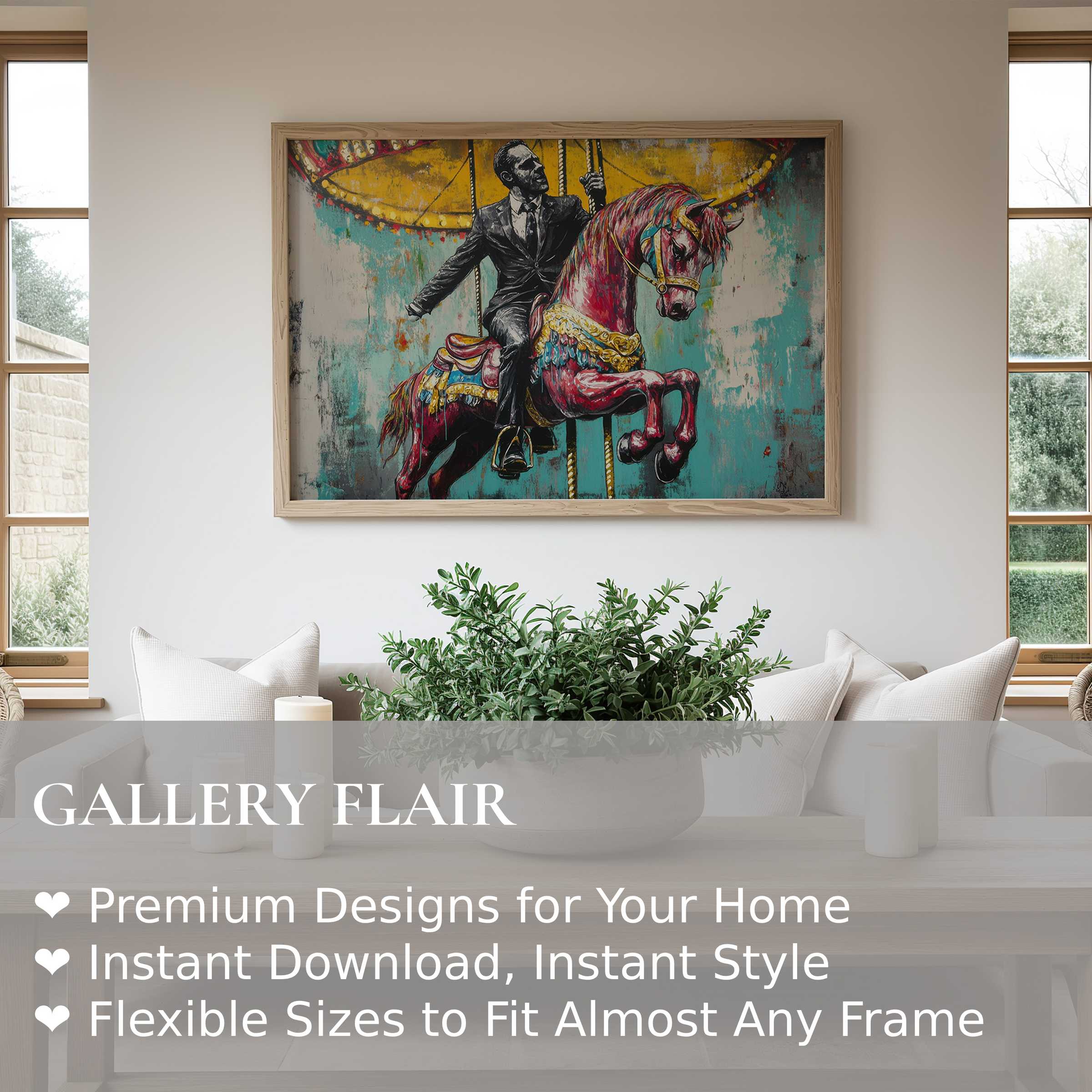 Vibrant street art wall art print of a dapper man on a carousel horse, bold and dynamic in a modern minimalist living room