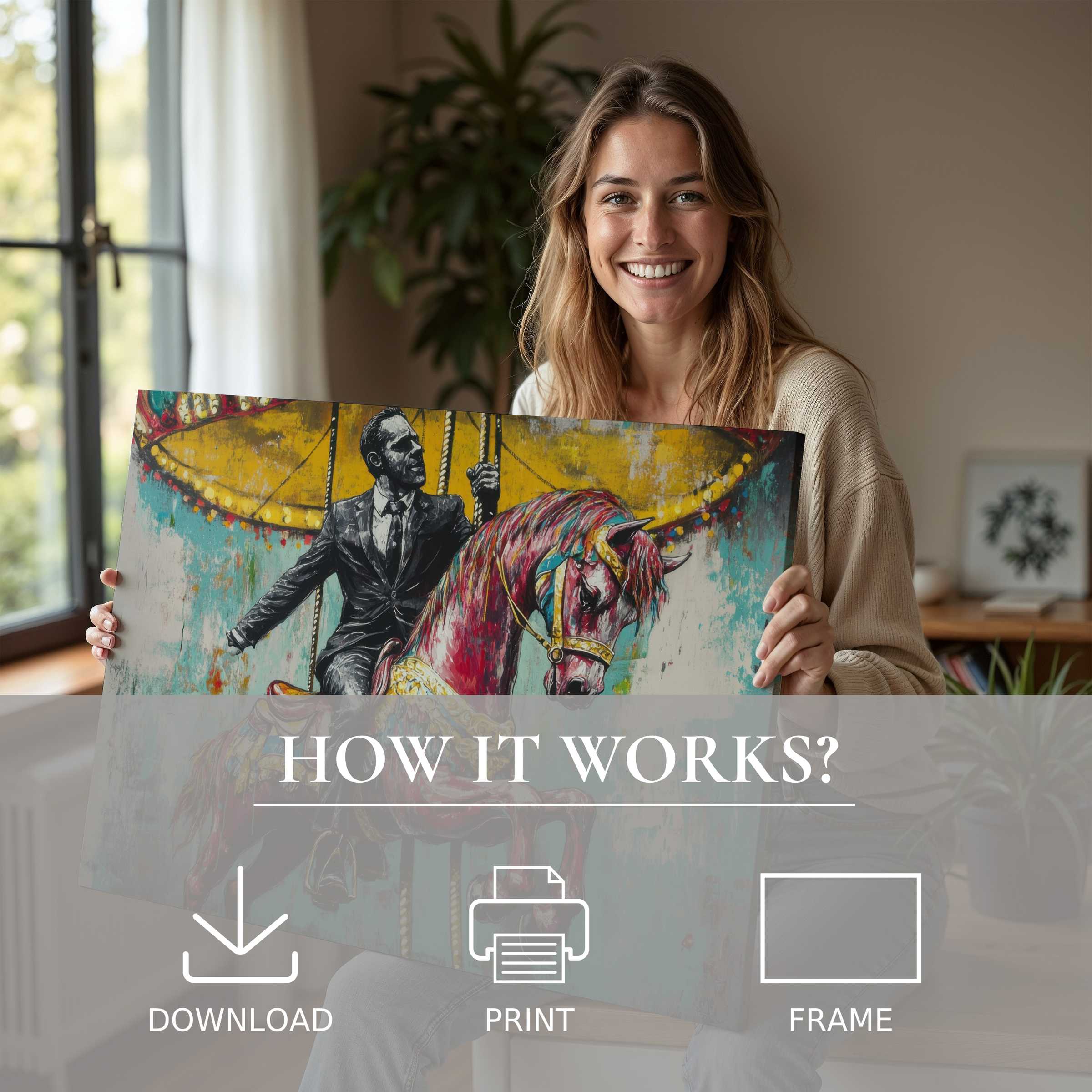Bright and joyful moment capturing street art digital art print transforming a modern home with effortless elegance