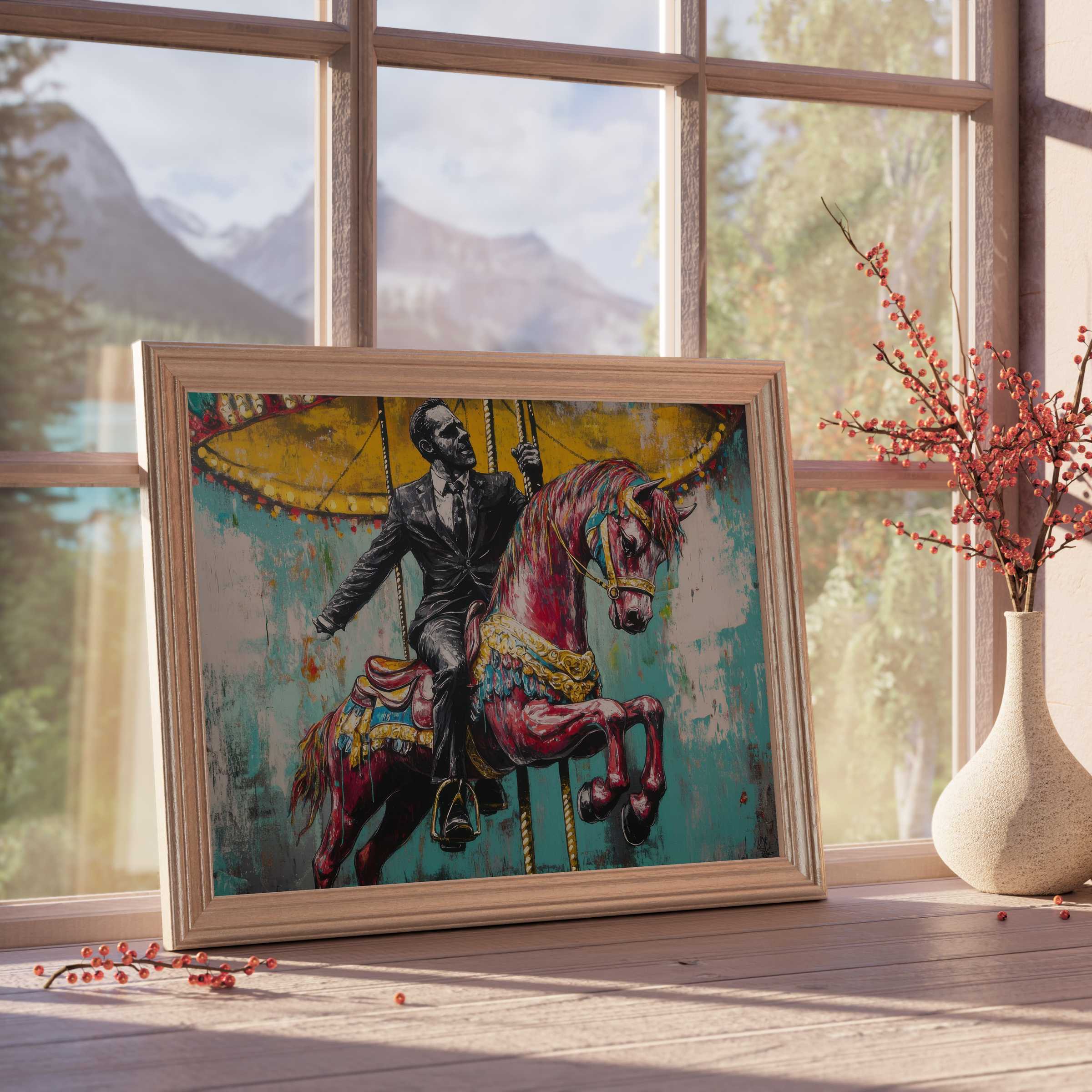Street art downloadable art featuring a dynamic carousel horse and suited figure, elevating curated, vibrant interiors