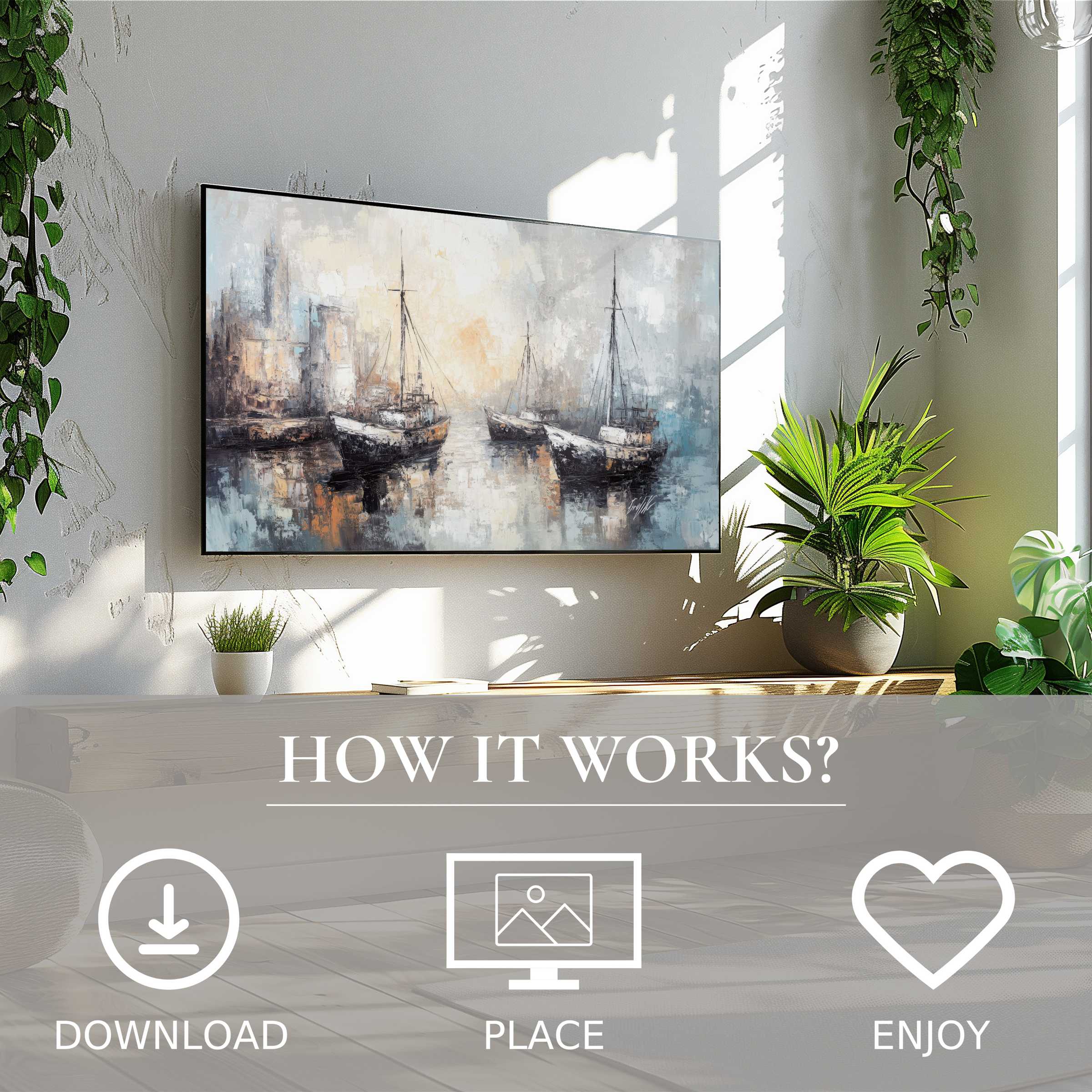 Coastal art for Samsung TV in soft sunset tones, easy digital download enriching serene, green-filled living spaces