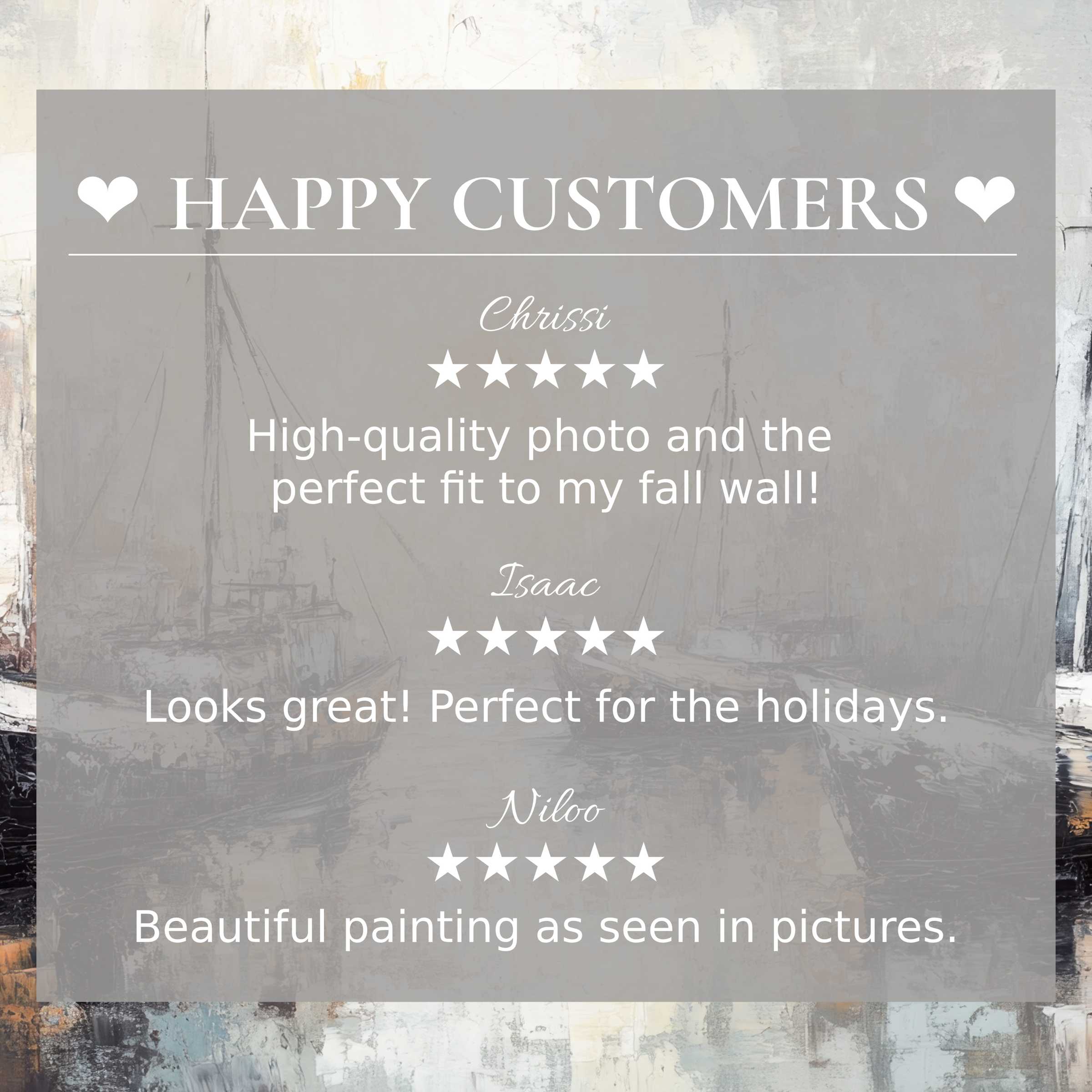 Coastal art for Frame TV with abstract muted boat scene, highlighting happy customer reviews and elegant design trust