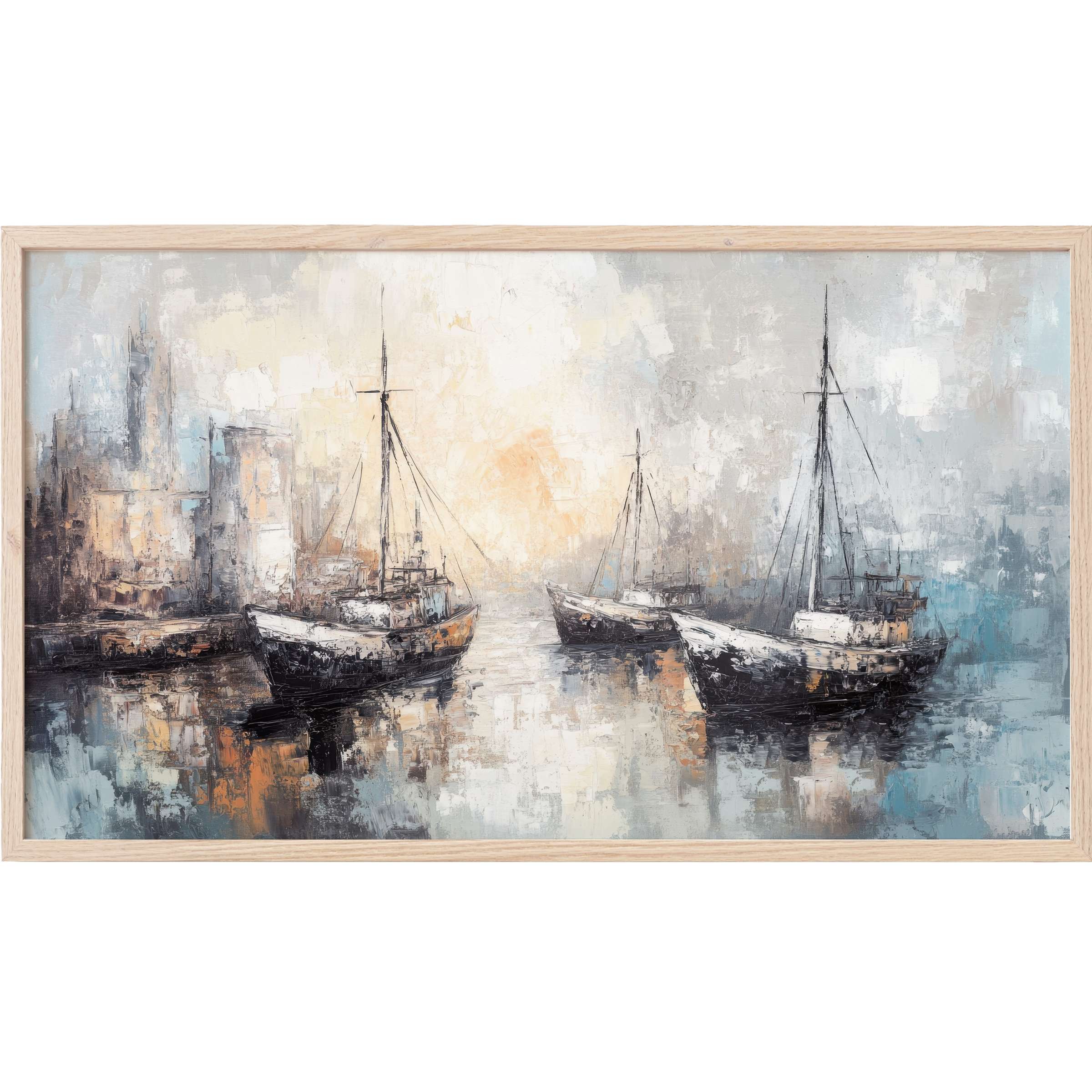 Coastal Frame TV Art depicting moored boats in muted blues, grays, and warm neutrals with a textured, impressionistic style