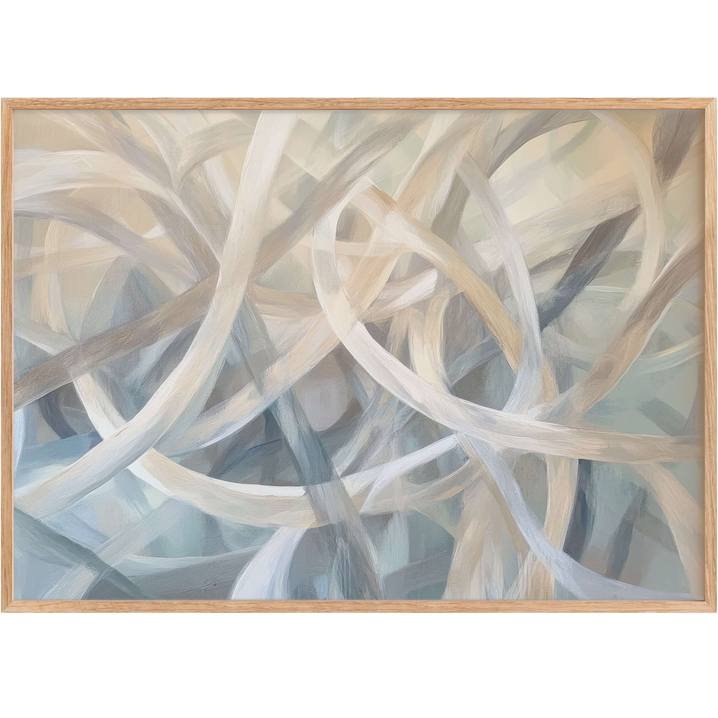 Abstract printable wall art with graceful intertwining loops in soft blues, creams, and greys evokes a serene, airy elegance