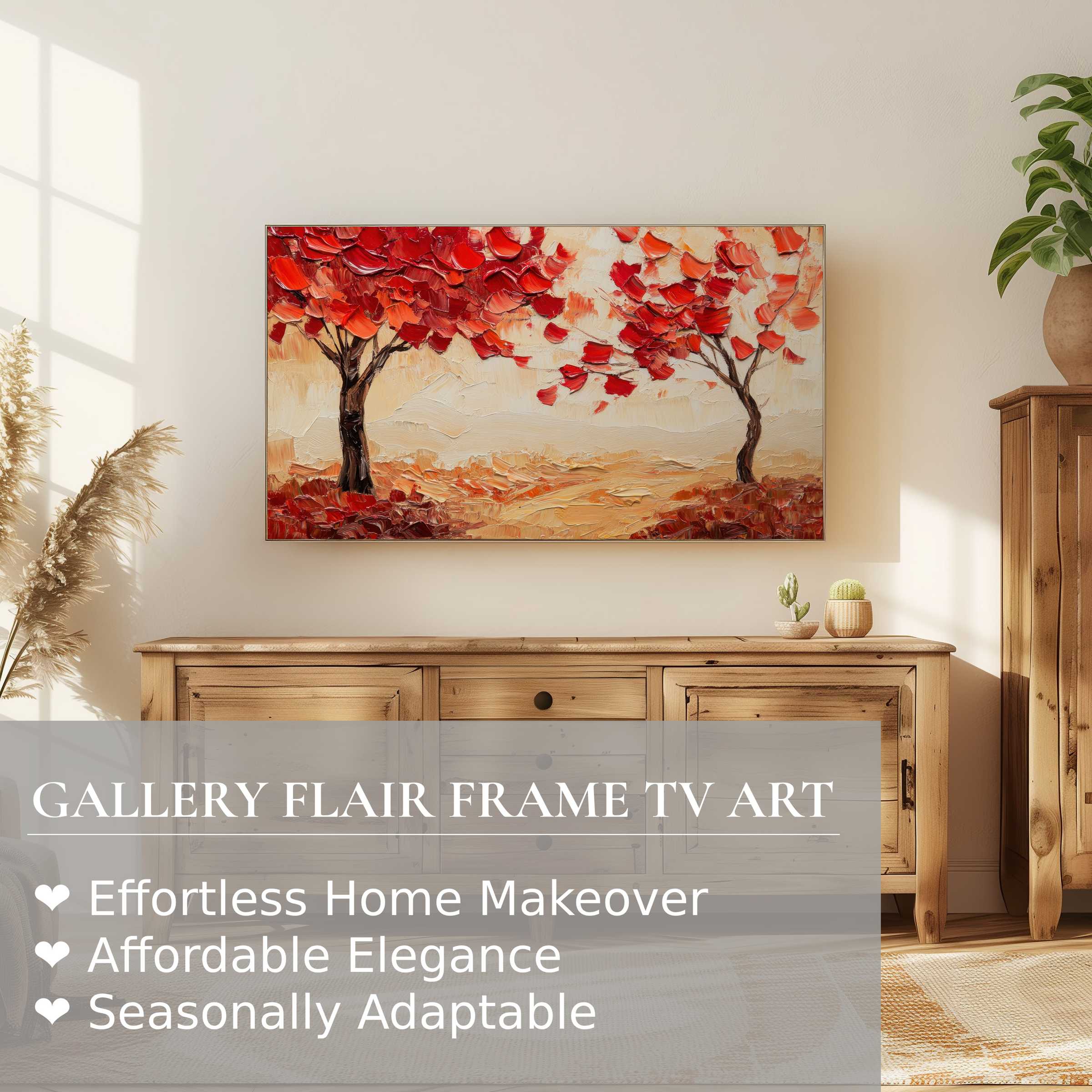 Samsung Frame TV displays vibrant fall digital artwork with textured red trees in a modern, cozy living space