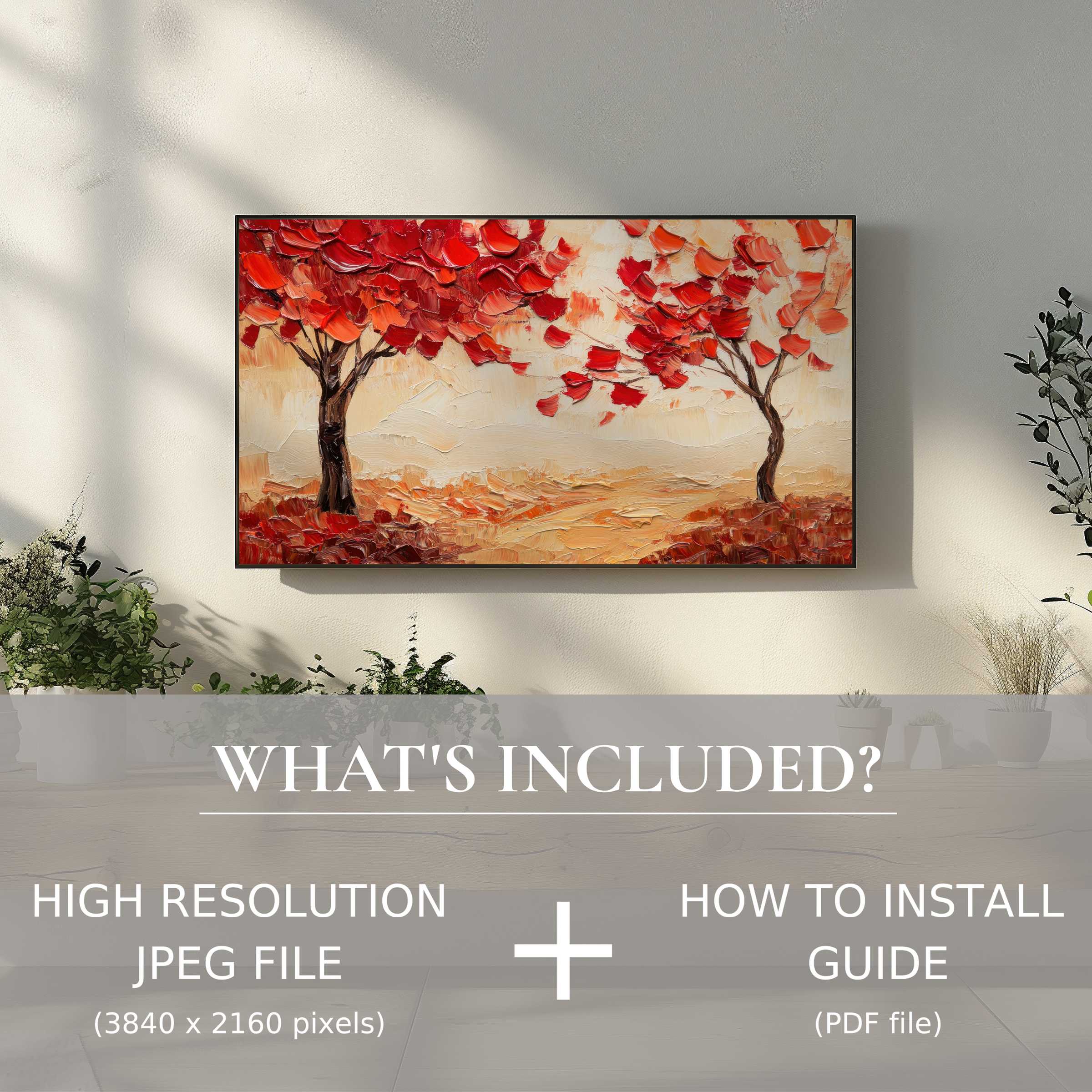 Fall digital TV art download with vibrant autumn trees, enhancing modern living spaces with easy digital use