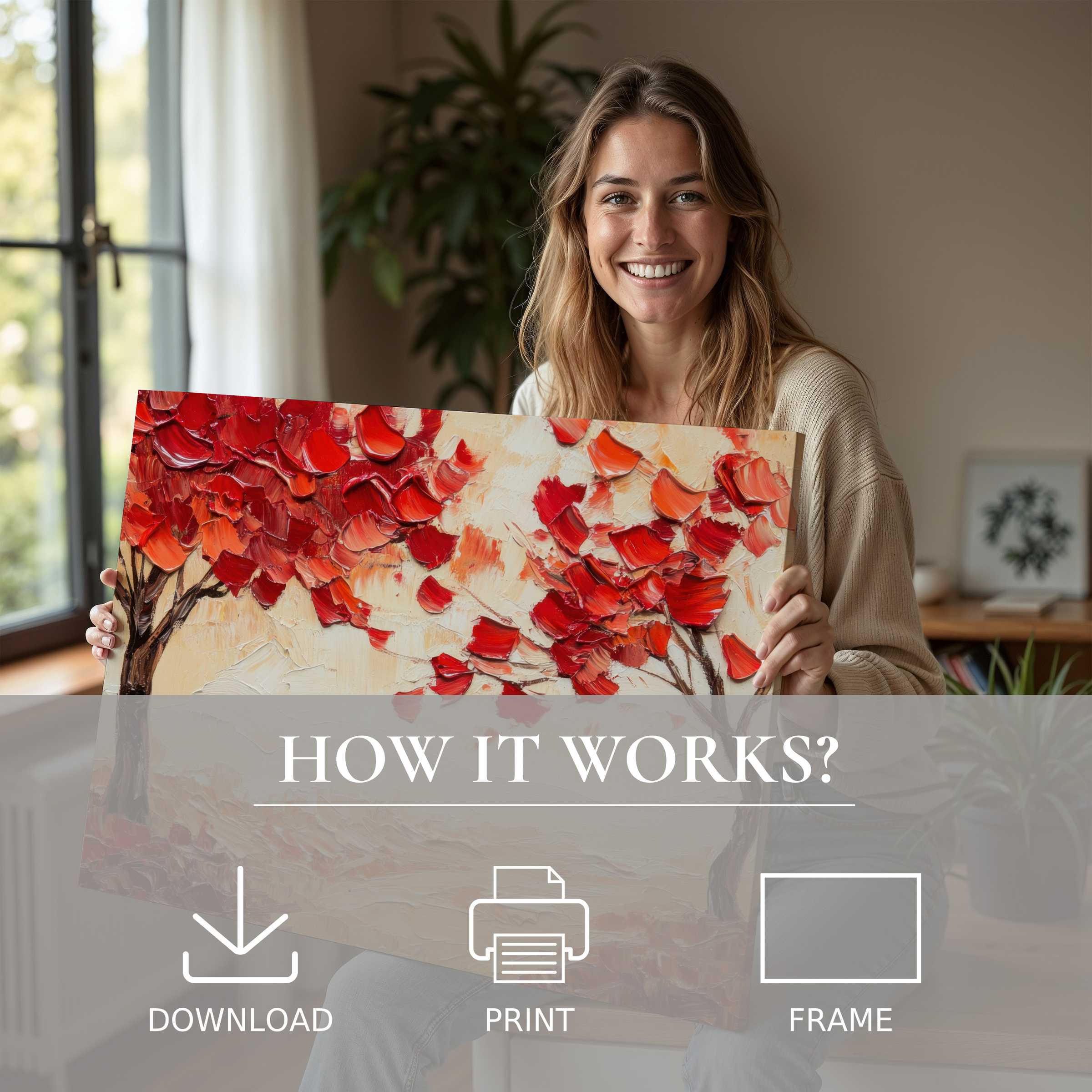 A radiant moment of joy as she unveils a vibrant fall digital art print, transforming modern spaces with effortless warmth and connection
