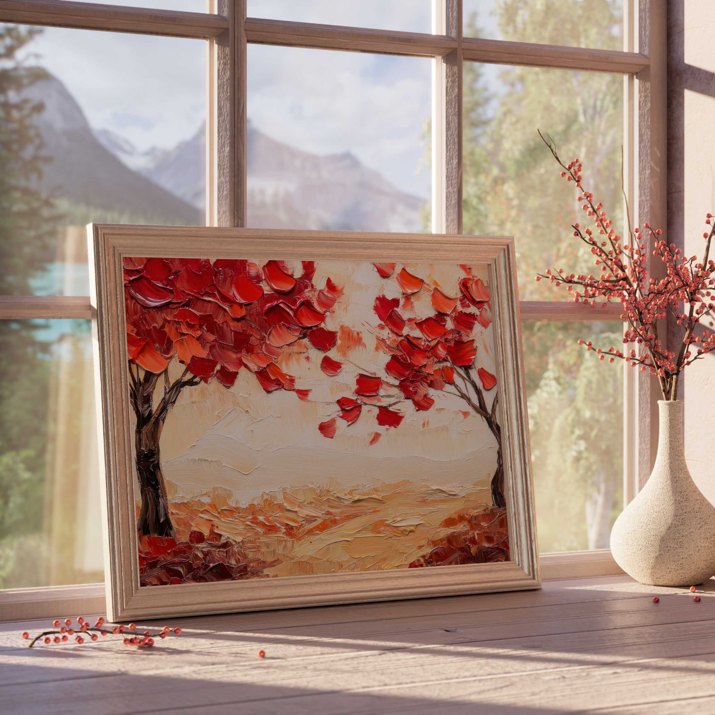 Fall downloadable art featuring textured, vibrant red foliage, styled in a warm, curated space perfect for elegant, tranquil interiors