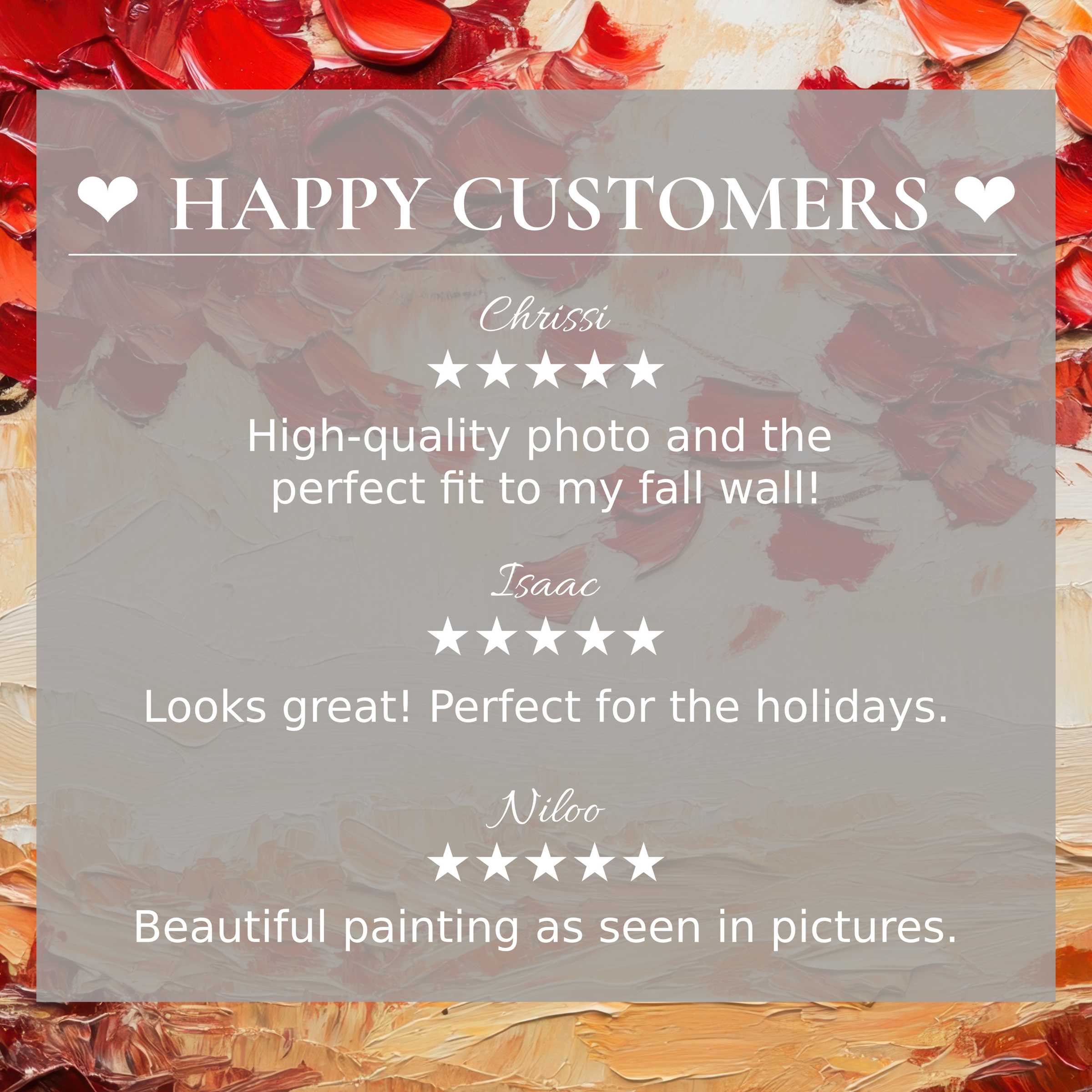 Fall art for Frame TV with abstract sunset hues, featuring happy customer reviews that build trust and showcase elegance