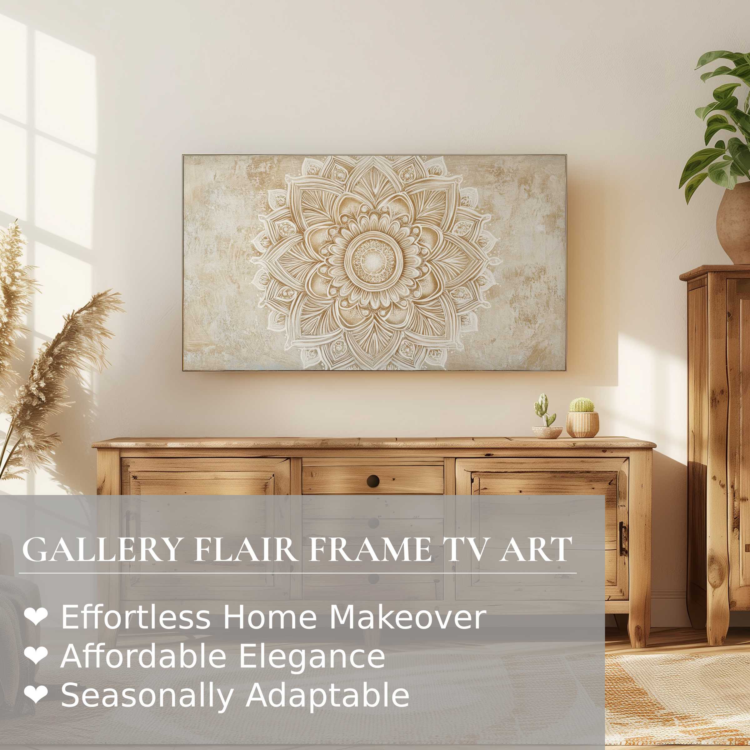 Samsung Frame TV displays neutral digital artwork with a detailed mandala in a serene, modern living room