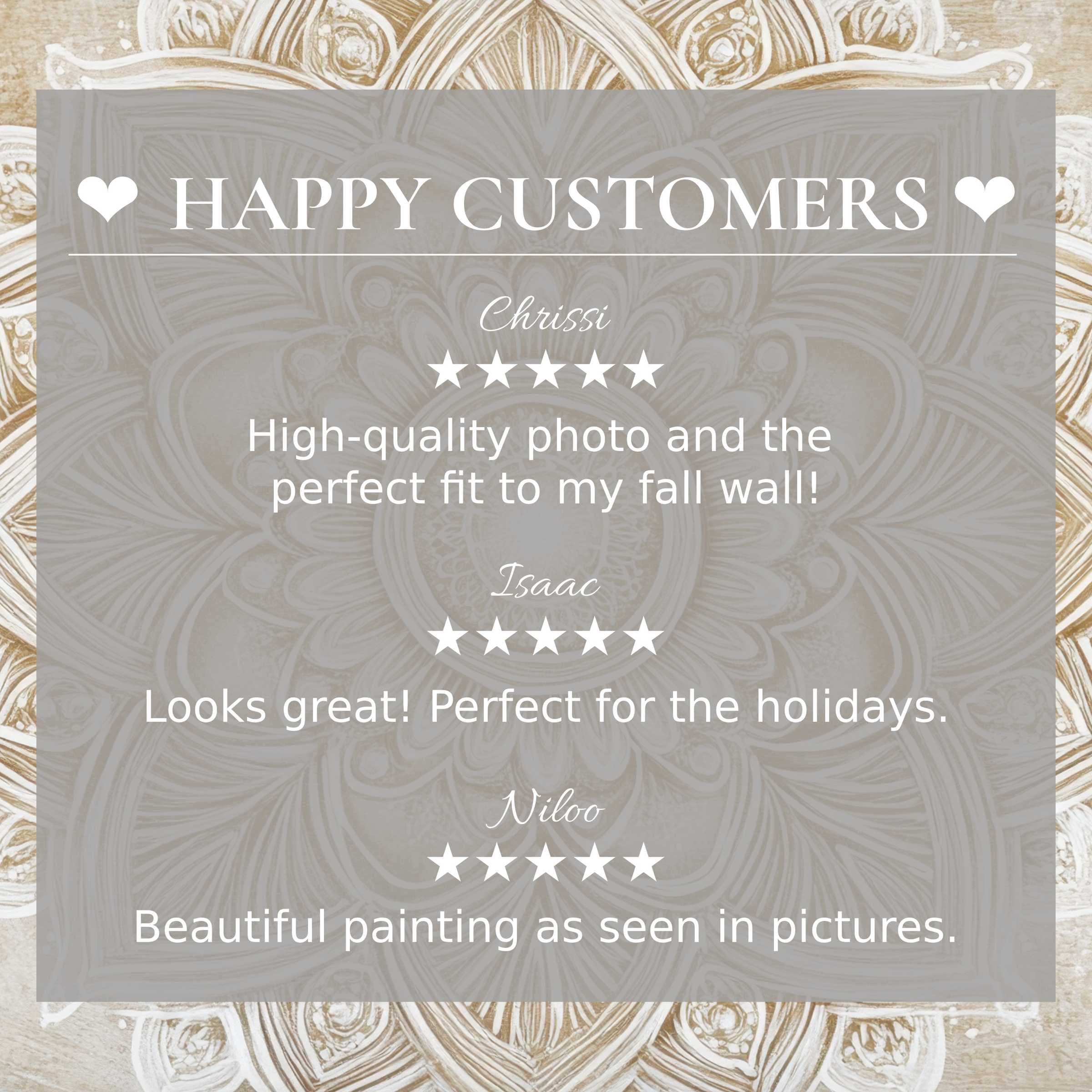 Neutral art for Frame TV with elegant floral background; layout inspires trust showcasing happy customer reviews