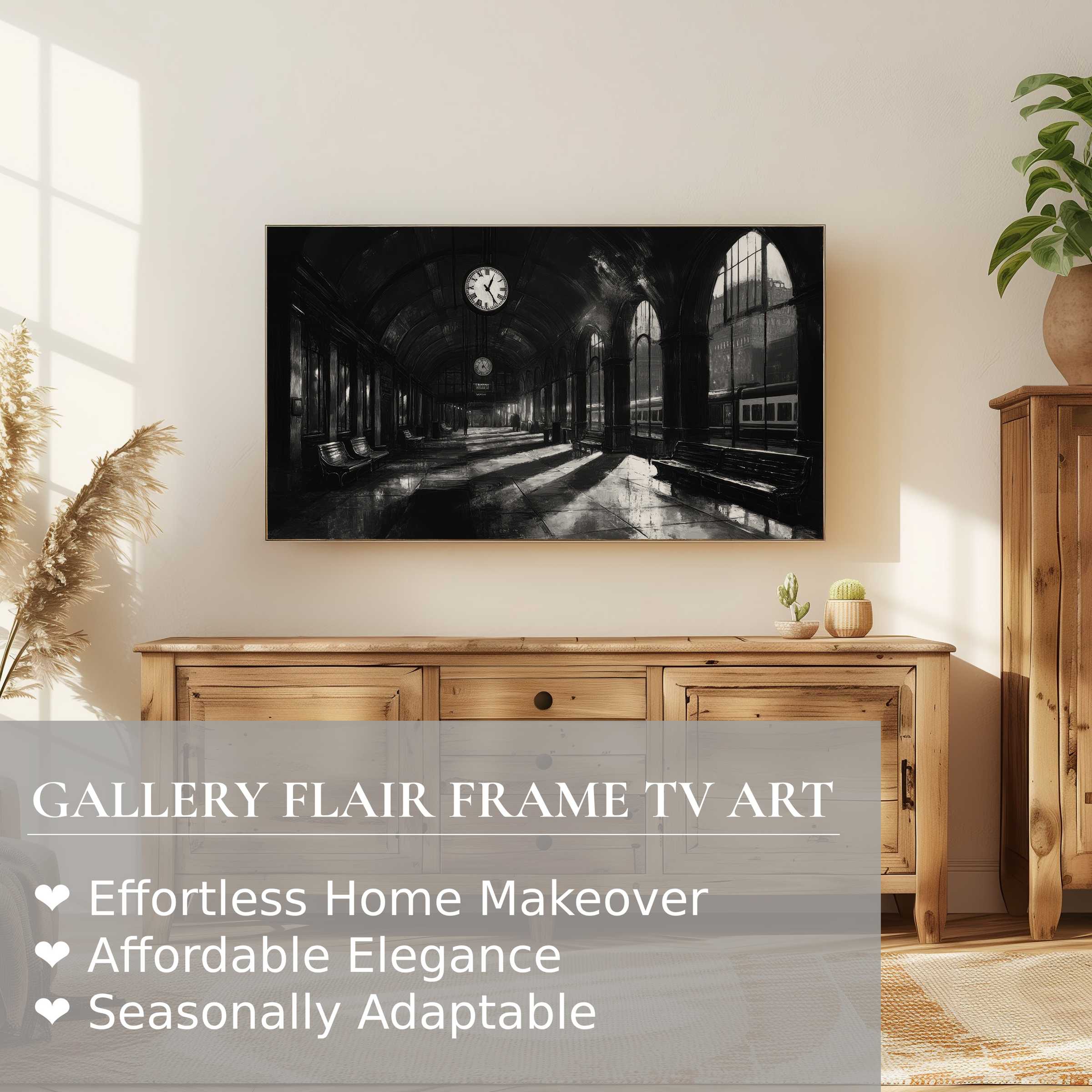 Samsung Frame TV displays black and white digital artwork of an elegant, shadowed train station interior