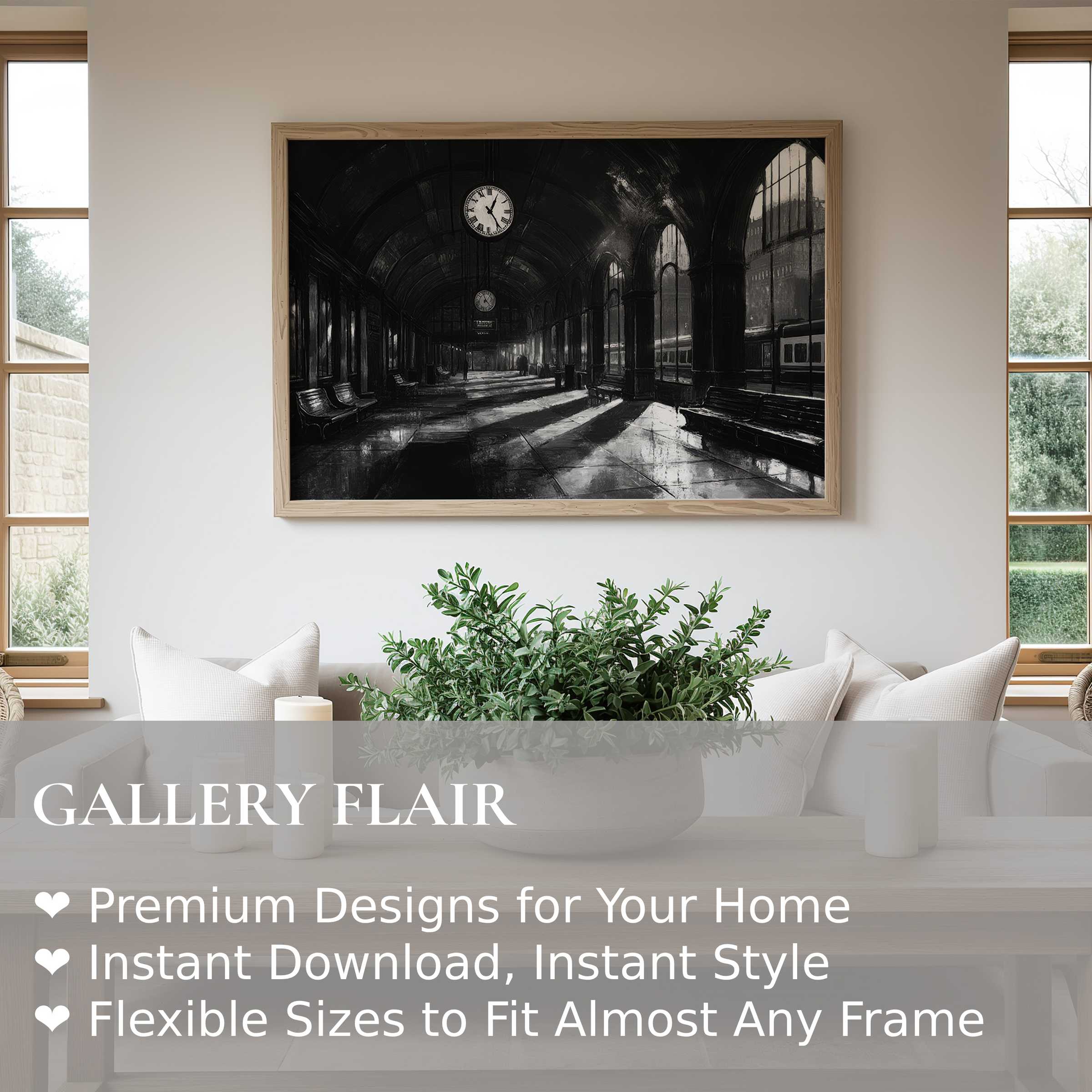 Black and white wall art print of a dramatic, shadow-rich train station scene enhancing a modern minimalist living room with bold urban elegance