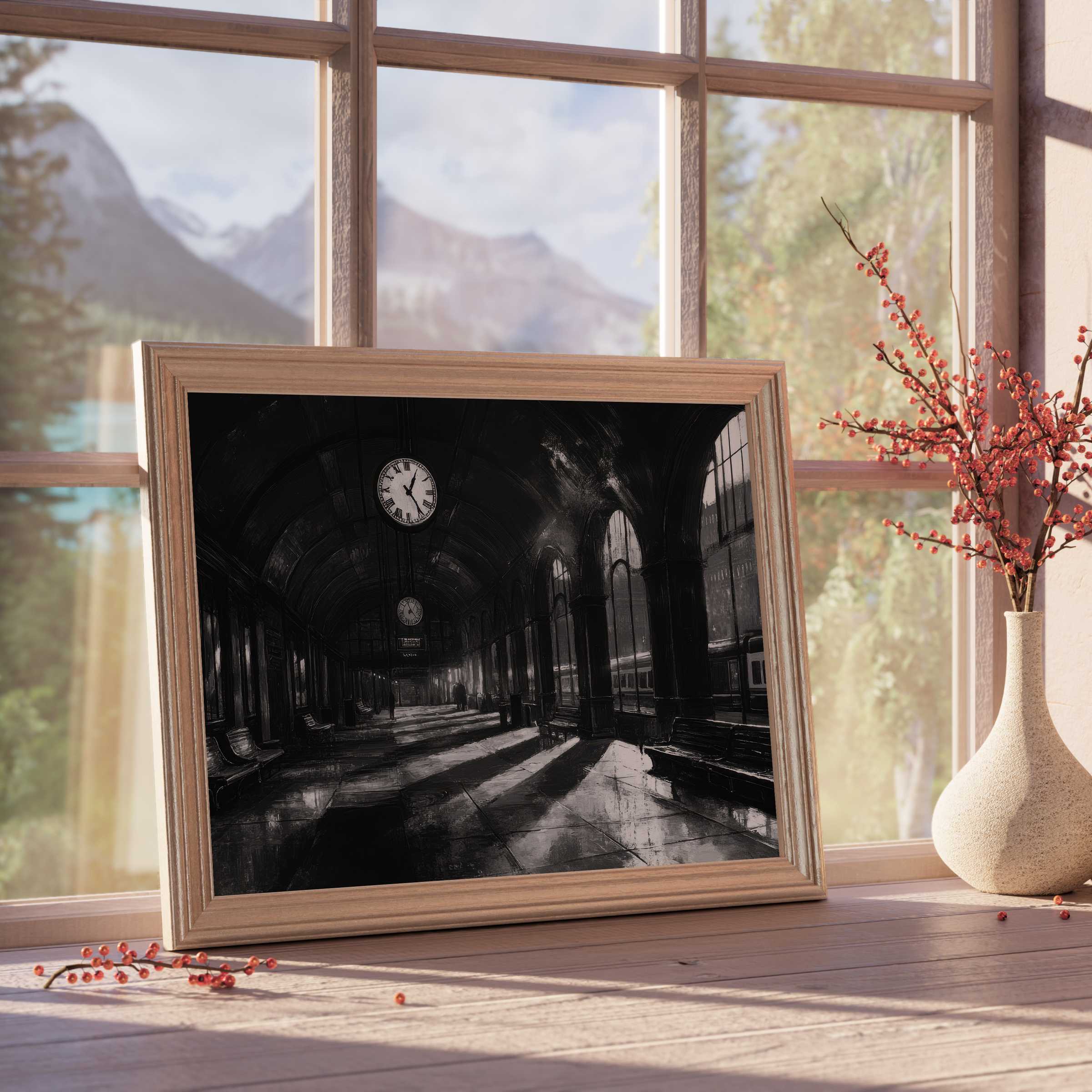 Black and white downloadable art capturing timeless elegance of a serene vintage train station, perfect for curated, tranquil interiors