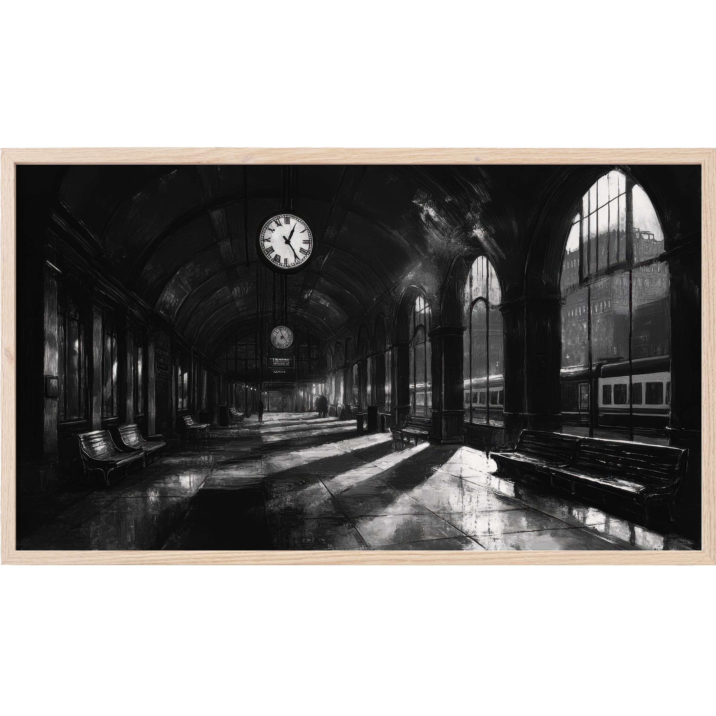 Black and white Frame TV Art of an elegant, shadowed train station interior with dramatic light and arches
