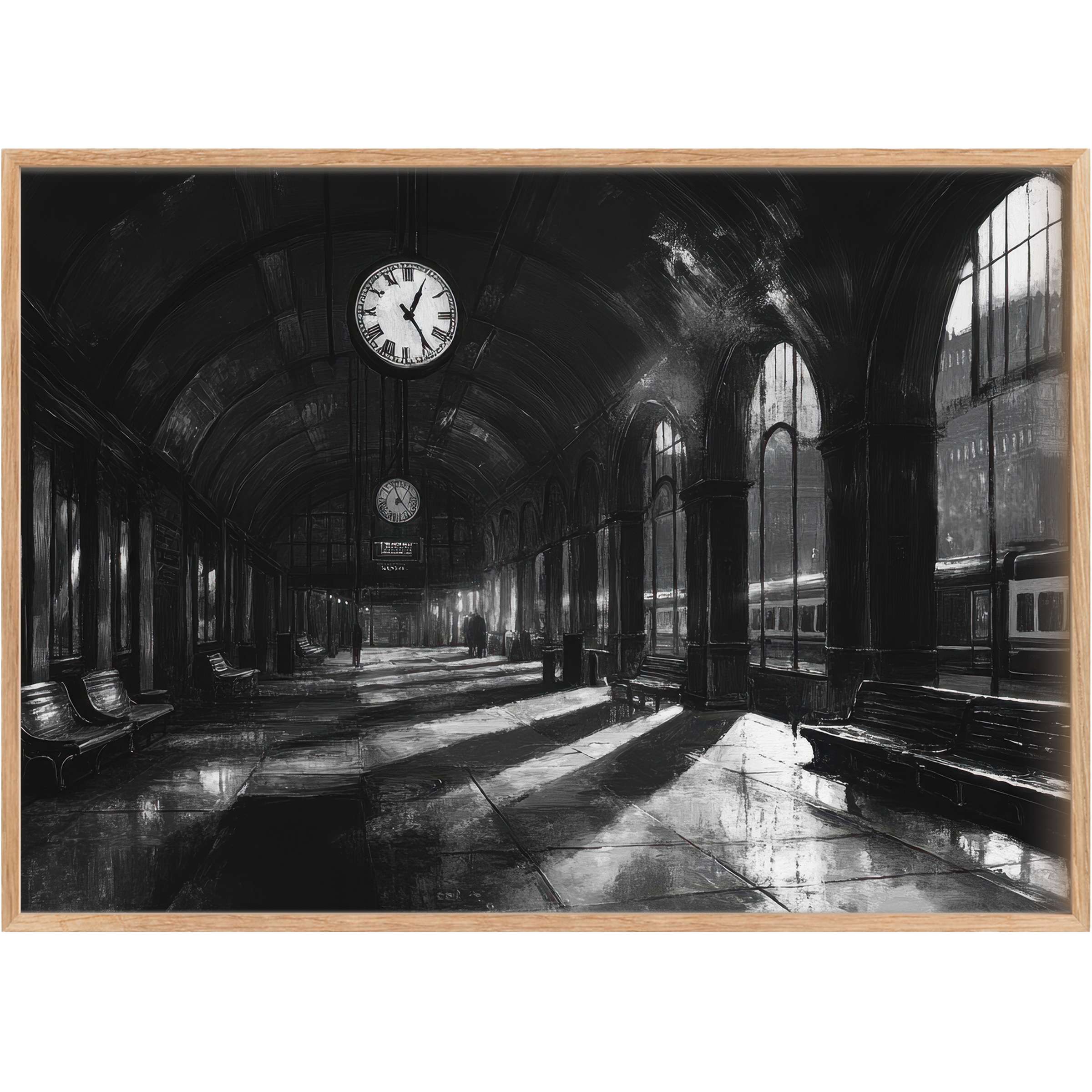 Timeless black and white printable wall art capturing a serene train station bathed in dramatic light, evoking introspective calm