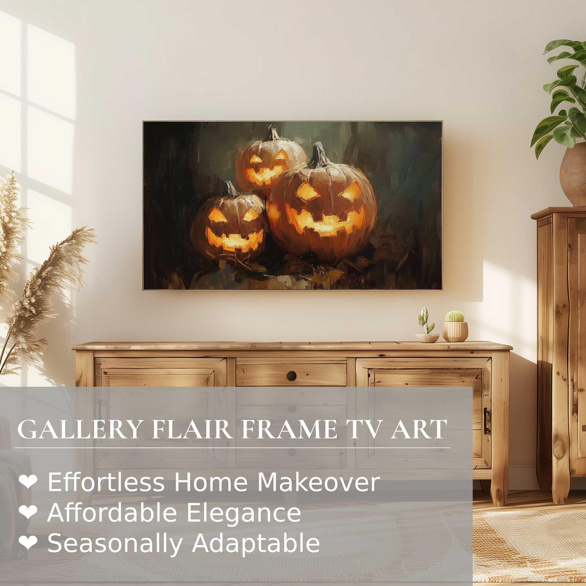 Elegant halloween digital artwork with glowing pumpkins on Samsung Frame TV in warm, modern living room decor setting