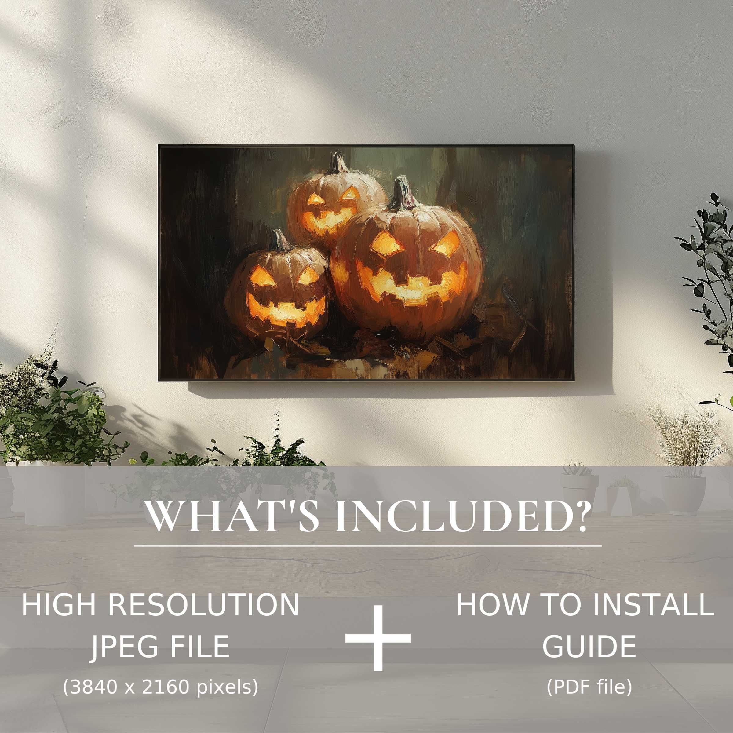 Elegant halloween digital TV art download with glowing pumpkins, easily enhancing modern living spaces with effortless digital use
