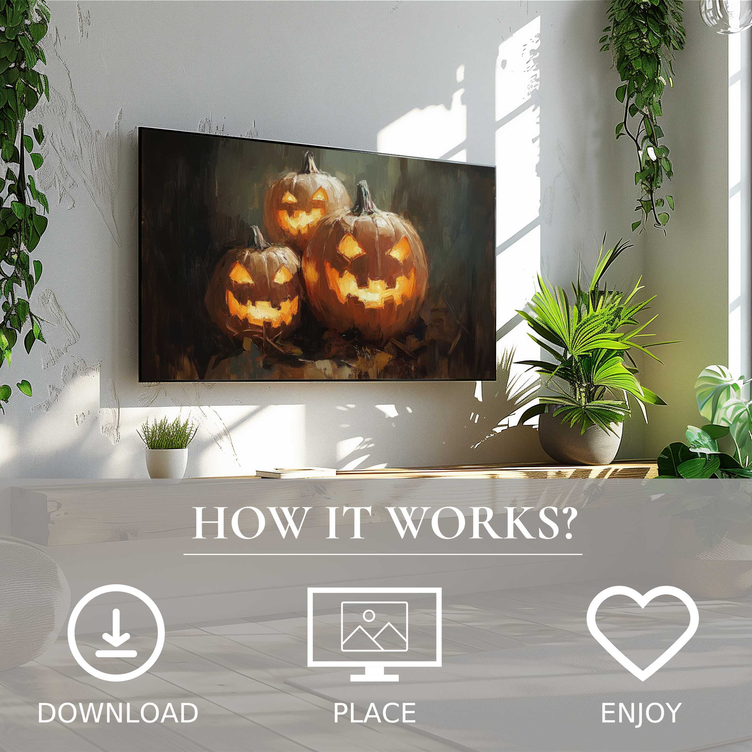 Modern living room with easy digital download, halloween art for Samsung TV shows glowing jack-o'-lanterns in warm tones