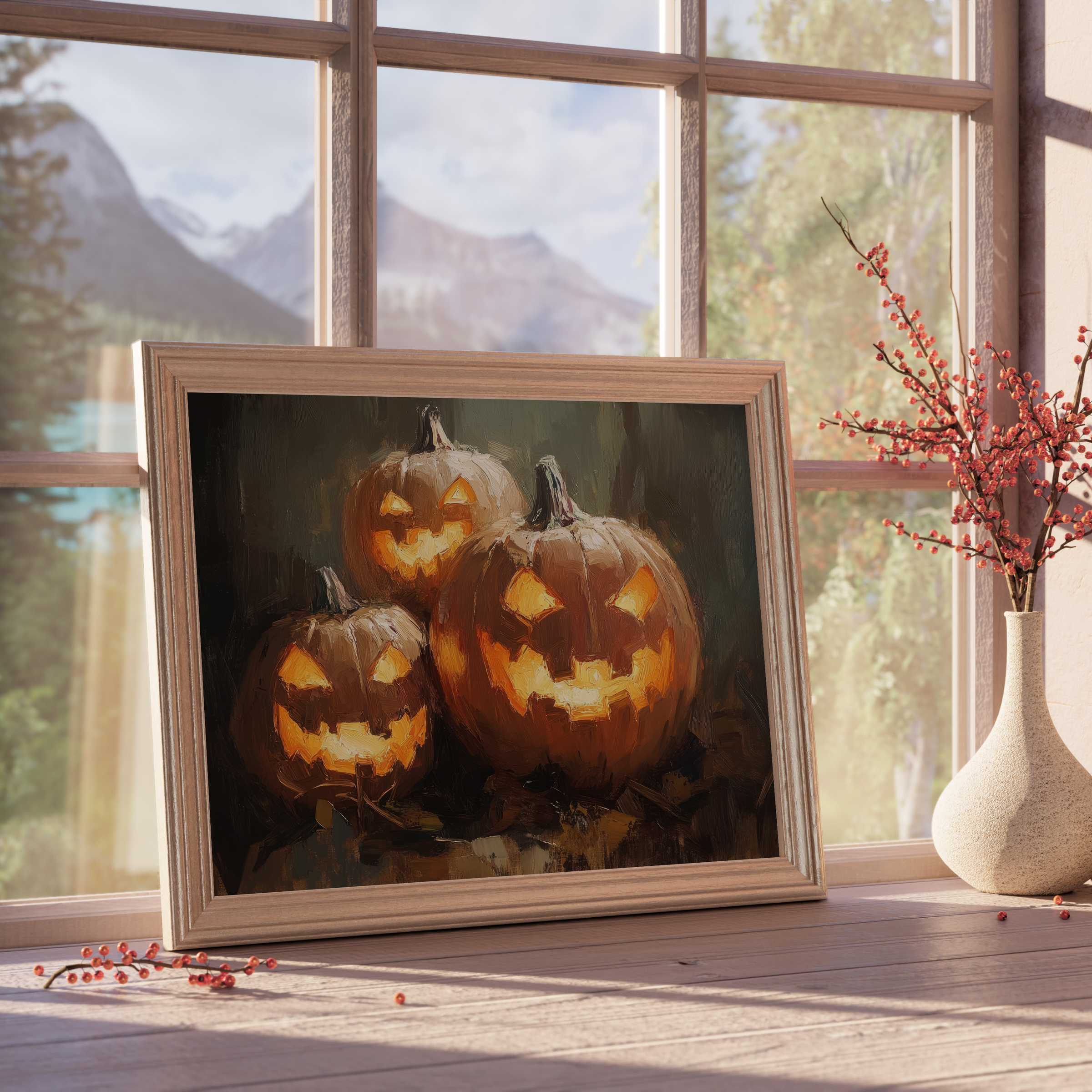 Halloween downloadable art featuring glowing jack-o’-lanterns, perfect for curated, elegant autumn interiors with warm, moody charm