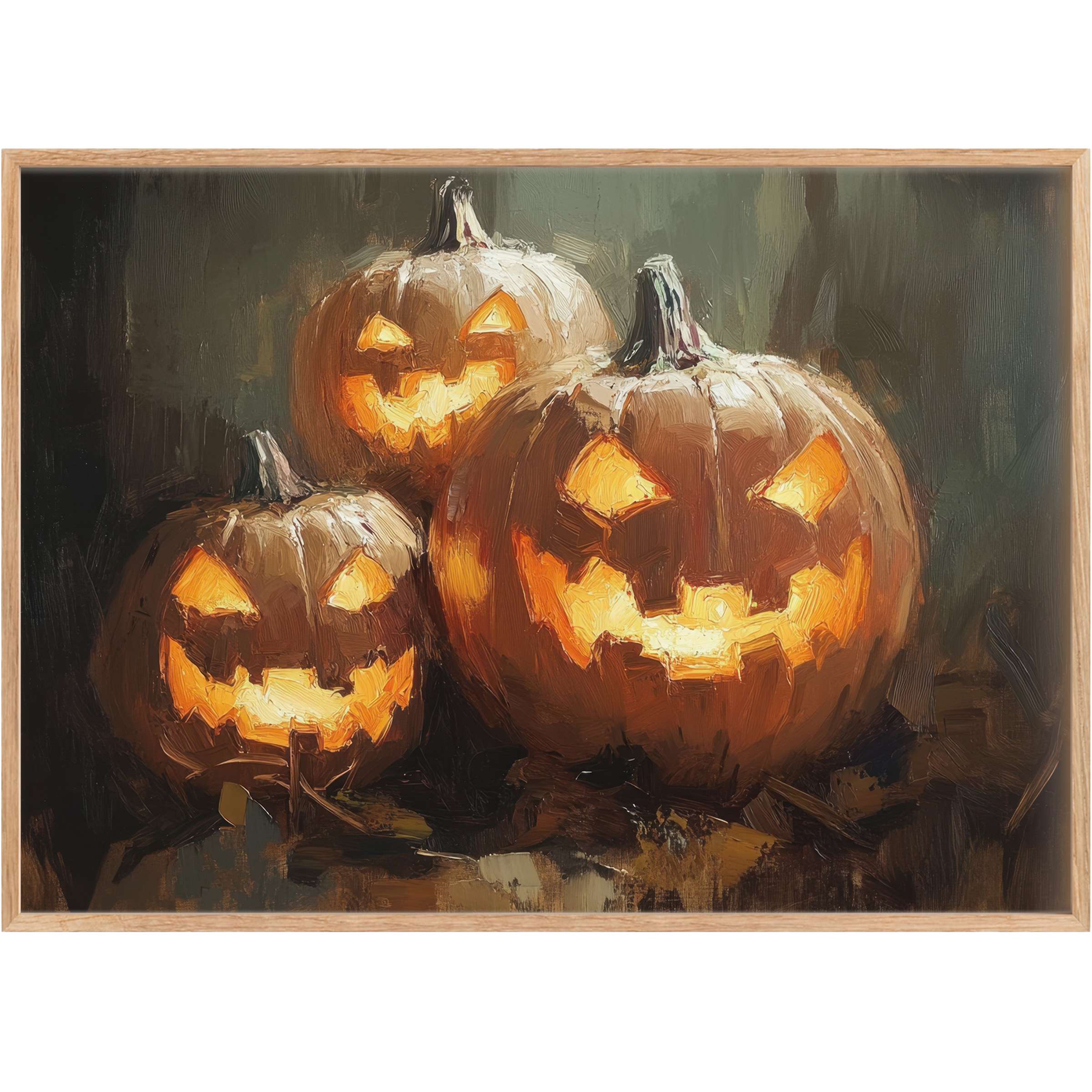 Warm amber hues glow from wickedly grinning pumpkins, creating a bold, evocative halloween printable wall art that enchants stylish interiors