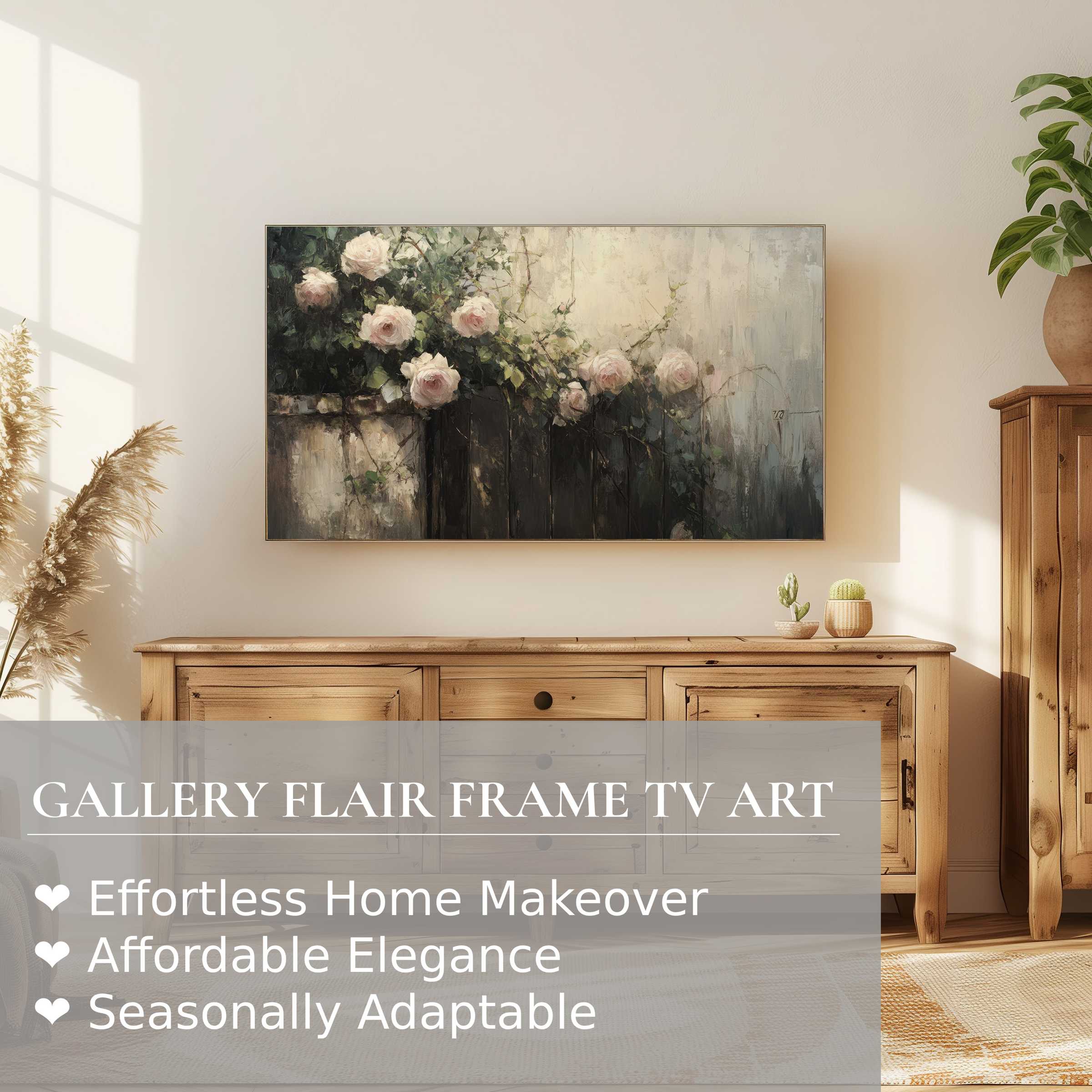 Samsung Frame TV showcasing botanical digital artwork with soft roses in a serene, modern living space