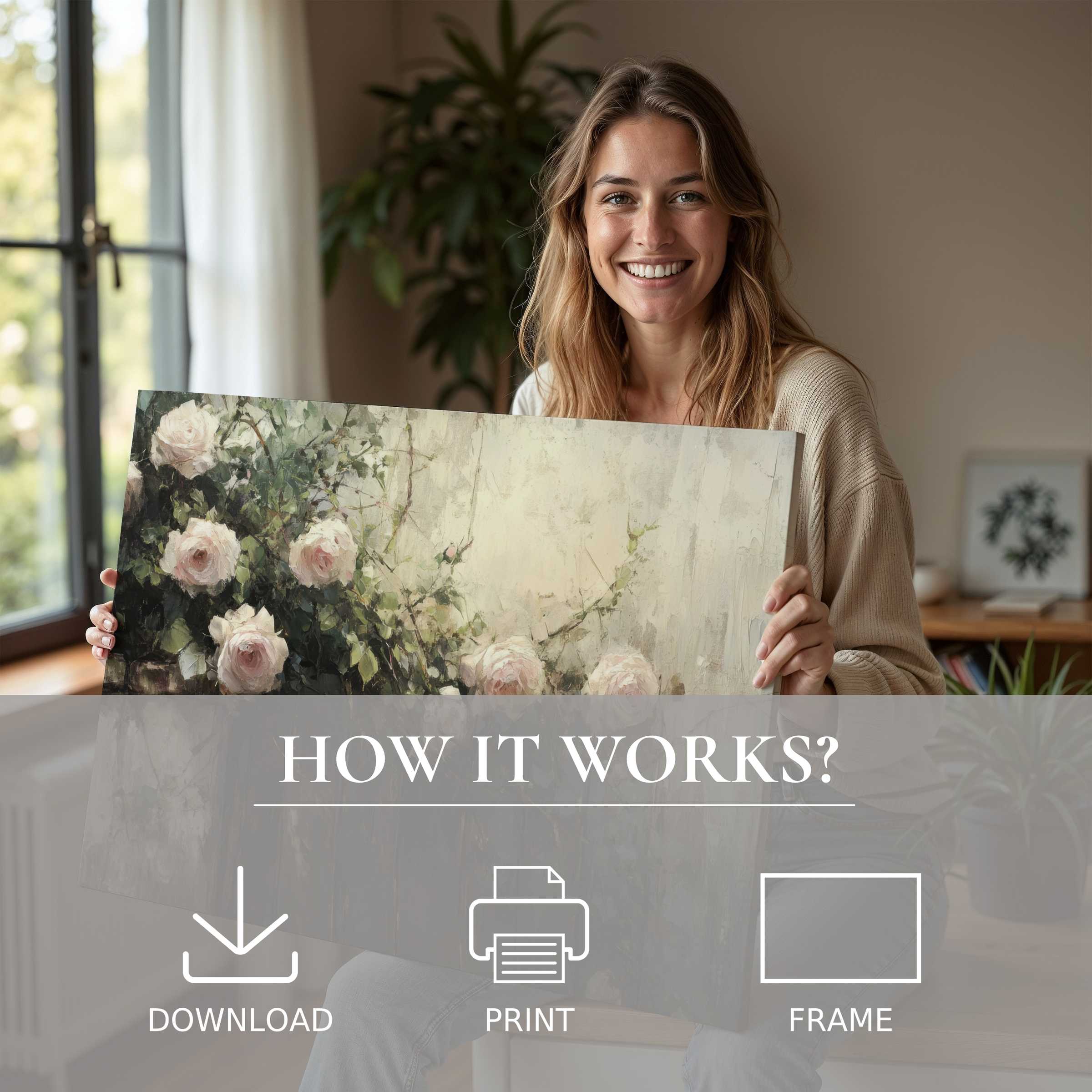 A botanical digital art print radiates gentle joy in a modern home, embodying effortless elegance and serene living