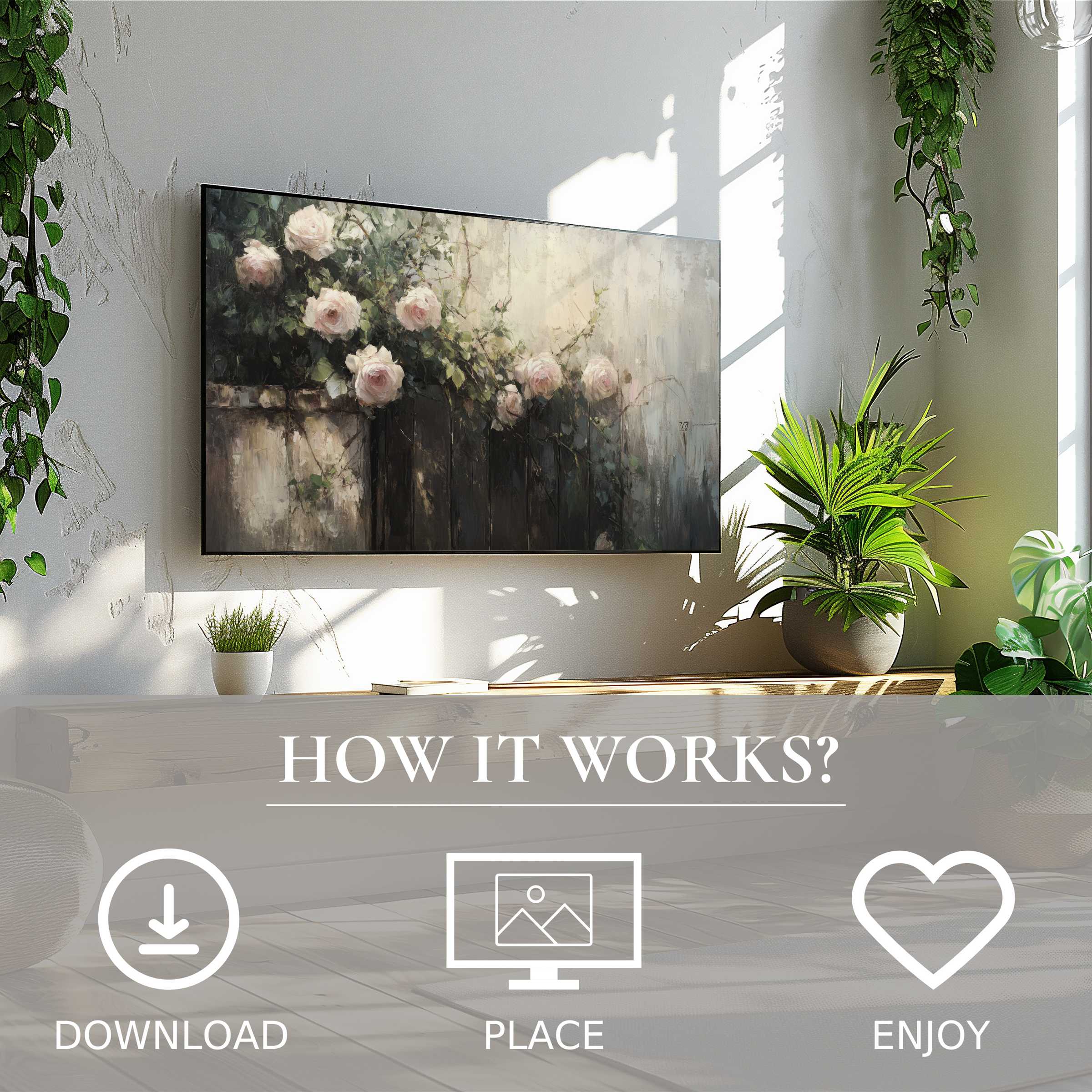 Botanical art for Samsung TV shows soft rose blooms on wood, easy digital download enriching modern living spaces