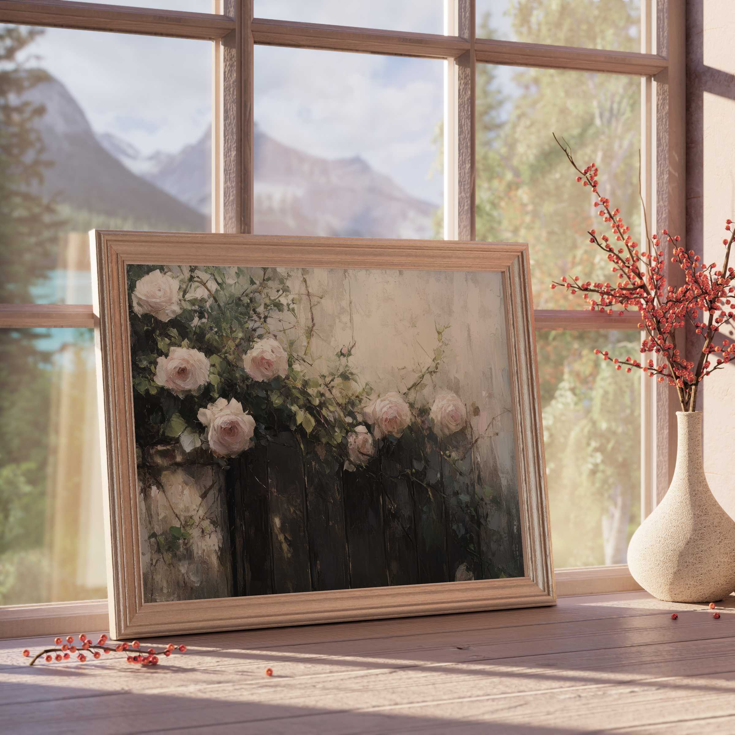 Botanical downloadable art capturing soft pink roses and ivy against rustic wood, bathing interiors in serene, curated elegance