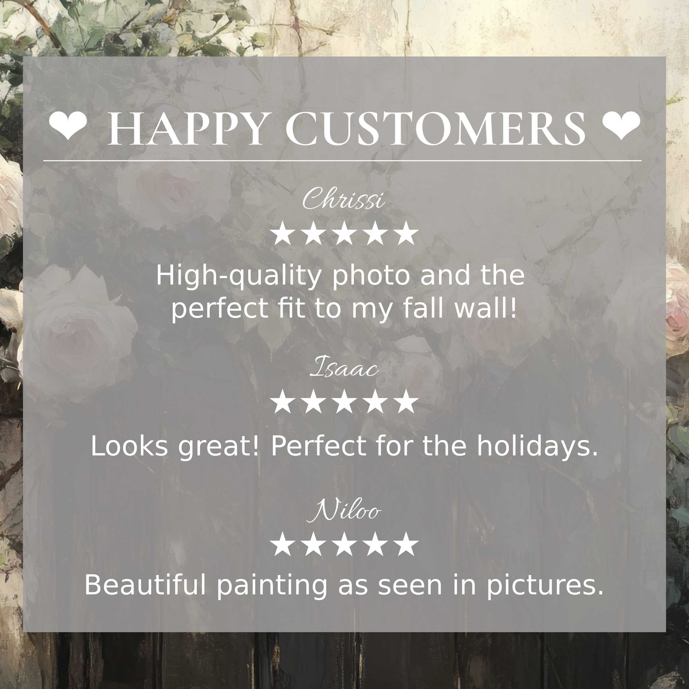 Botanical art for Frame TV with soft floral background, showing happy customer reviews that inspire trust and elegance