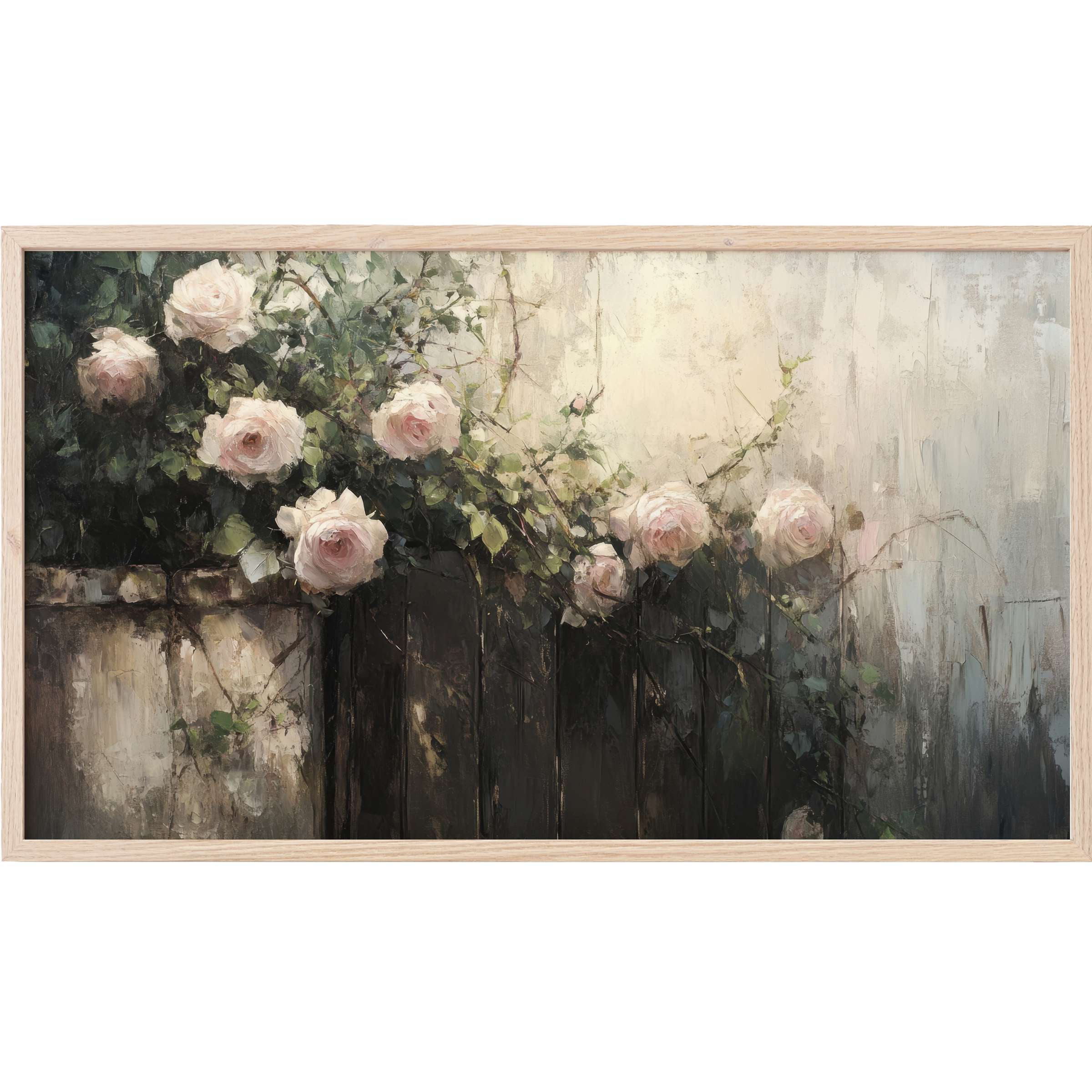 Soft pink roses cascade over a dark rustic fence in muted tones, elegant botanical Frame TV Art for modern spaces