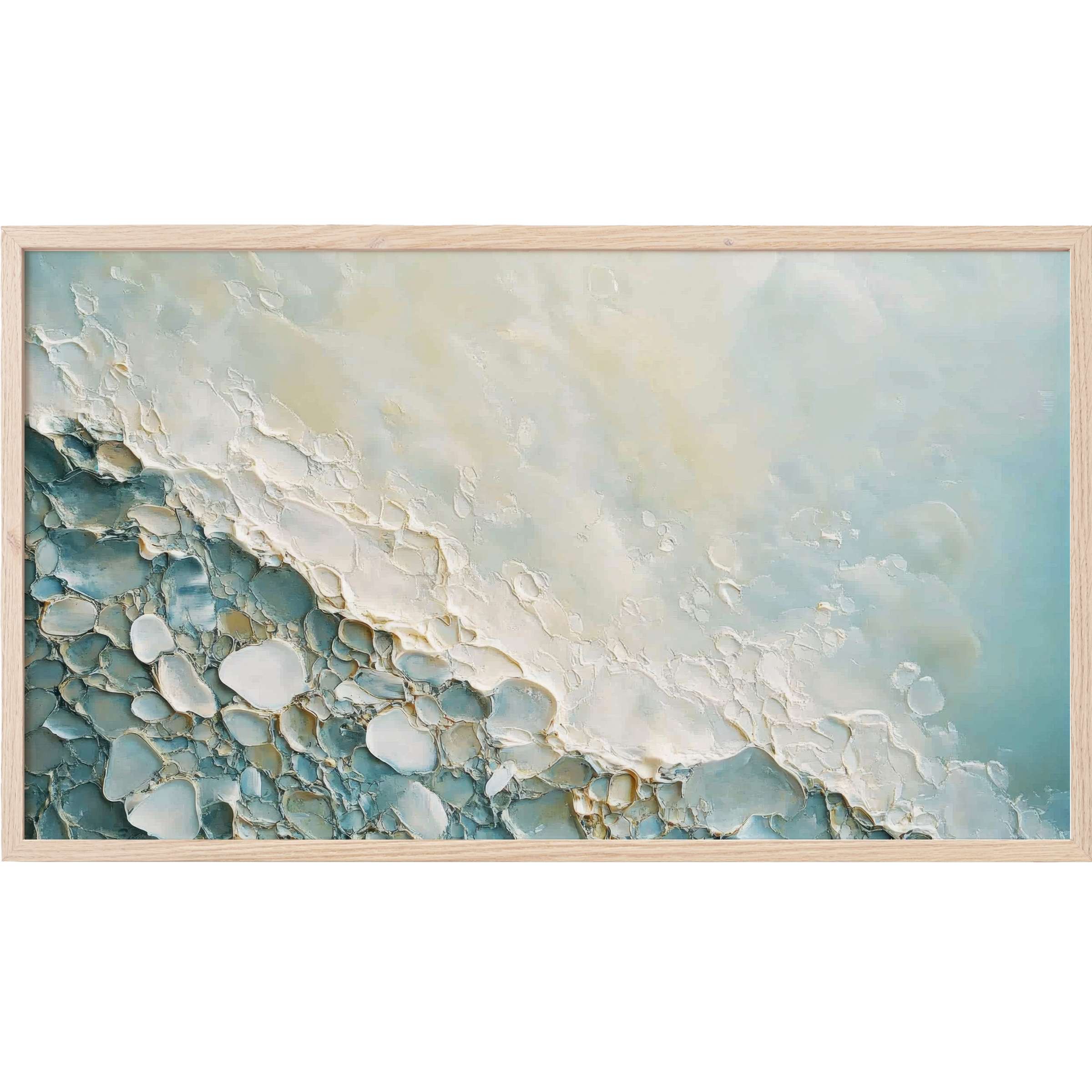 Textured abstract coastal scene in soft blues and whites, framed in light wood for elegant beach Frame TV Art